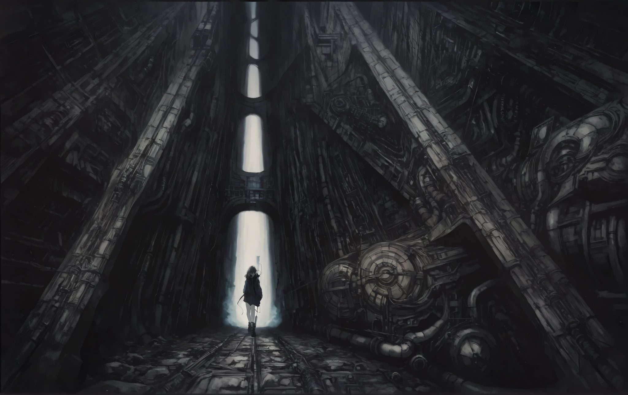 HDR, 8K, high contrast, masterpiece, best quality, amazing quality, very aesthetic, anime artstyle, realistic, newest,
BREAK
bounce light, hyperdetailed, detailed hair strands, detailed fibers, greyscale, (intricate hatching: 1.4)
masterpiece, semi-realism, monochrome, manga, inking, detailed, hyperdetailed,
engraving artstyle, hatching /texture/, contour lines, monchrome, greyscale, masterpiece.hyperdetailed, absurdres, detailed background, foreshortening, perspective, dynamic angle, very aesthetic,
Generate a highly detailed image meticulously recreating the specific biomechanical artwork , focusing on its unique composition, atmosphere, and intricate textures in the style of H.R. Giger.
The image depicts a highly detailed, intricate mechanical structure that is opened criocapsule with a futuristic design, supporting pipes, valves, and complex mechanical components (best quality:1.4).
Composition and Geometry -
Pay strict attention to the original artwork's proportions and the geometry of its dominant structural "power lines." Accurately render the heavy, intersecting diagonal beams forming a central 'X' structure, the strong vertical columns, and the complex network of interwoven pipes and conduits that create overlapping layers and depth. Maintain the feeling of immense scale and verticality.
Atmosphere and Lighting -
Depict the scene within a confined, oppressive, and subtly dusty or hazy industrial interior space. Implement extreme high-contrast chiaroscuro lighting. Simulate harsh, directional light (as if from upper left or specific point sources) raking across surfaces, creating sharp, specular highlights on edges and textures while plunging crevices, undercuts, and background layers into deep, impenetrable shadow. Emphasize the dramatic contrast between brightly lit facets and surrounding darkness, capturing the reference's stark B&W or desaturated cool-toned look.
Textures and Details -
All surfaces must feature meticulous, integrated mechan