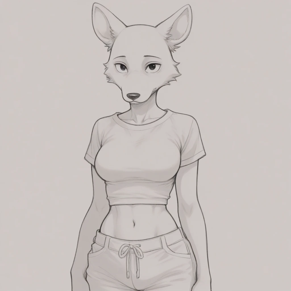 1girl, rolo, furry, body_fur, rolo_stuff, solo, crossed_arms, greyscale, monochrome, shirt, simple_background, upper_body, white_background, lineart, bra strap