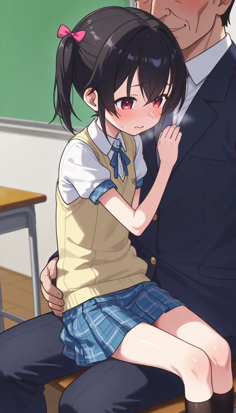 hetero,1girl,1boy, penis,nsfw,flat chest,,,6yearsold,teacher, height difference, full body, fellatio, standing, looking at another, indoors, randoseru,White dress, Back pack, from side, looking away, twintails, collarbone,arms up, arms grab,