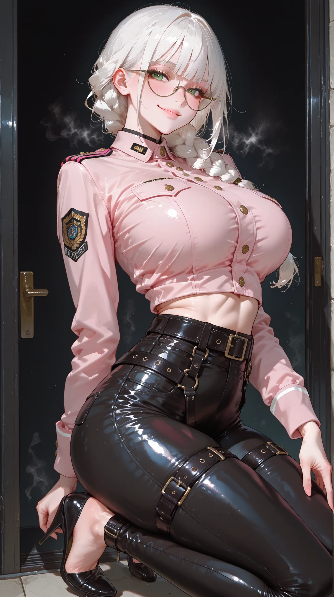 1girl,short pink hair,blue eyes,military uniform,peaked cap,open black jacket,white shirt,necktie,black gloves,black shorts,belt,(huge breasts:1.2),narrow waist,wide hips,thick thighs,very curvy,(best quality,4k,8k,highres,masterpiece:1.2),ultra-detailed,(realistic,photorealistic,photo-realistic:1.37),portraits,vivid colors,sharp focus,studio lighting