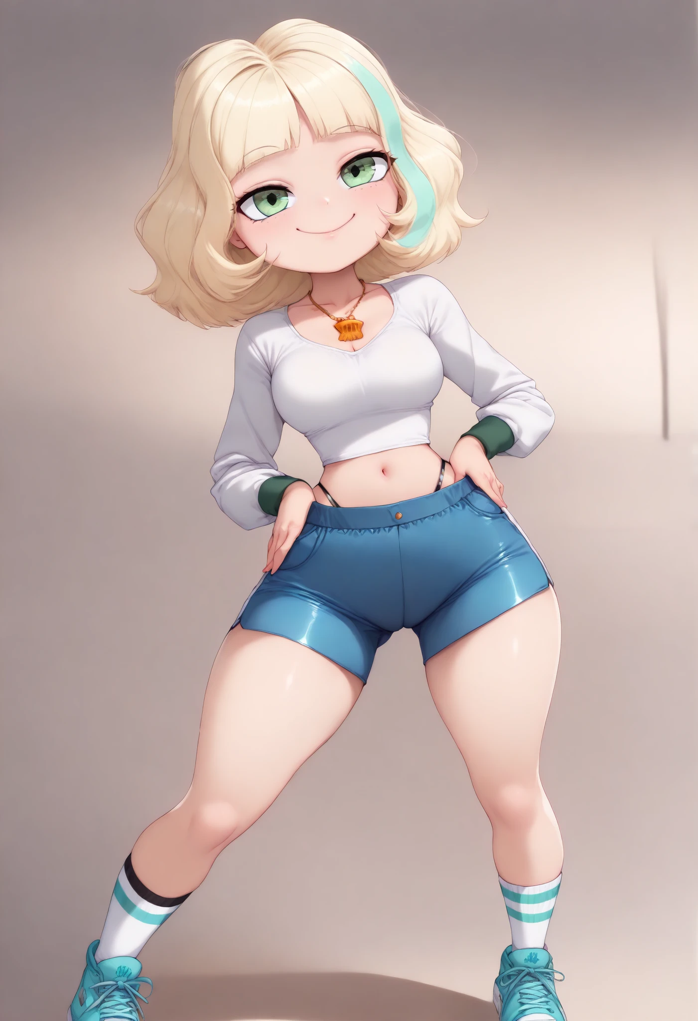 (best quality:1 . 3) , (4K quality) , masterpiece , best quality , high res , detailed , (Detailed face:1 . 2) , (Detailed eyes:1 . 2) , (Perfect figure:1 . 2) , score_9 , score_8_up , score_7_up , score_6_up , (dynamic angle)) , (((wide view))), ((ultra quality)), ((Masterpiece)), ((((((jackiel , blonde hair , 1girl , green eyes , solo , multicolored hair , short hair , white crop top, shell necklace , bangs , long sleeves , blue shorts , tight shorts , highleg thong , smile , socks , sneakers))))), ((((seductive pose , sexy pose , cowboy pose , hourglass figure)))) , ((precise face and eyes:1)), leaning pose , back shot , back shot , very sexy poses , provocative poses , sexy poses , round breasts, , blushing , cleavage , sexy , arms crossed , thrilled smile , thick thighs , hands on hips , puckered lips , beach vacation , summer getaway , relaxed atmosphere , cinematic lighting , sunset , detailed background ,
