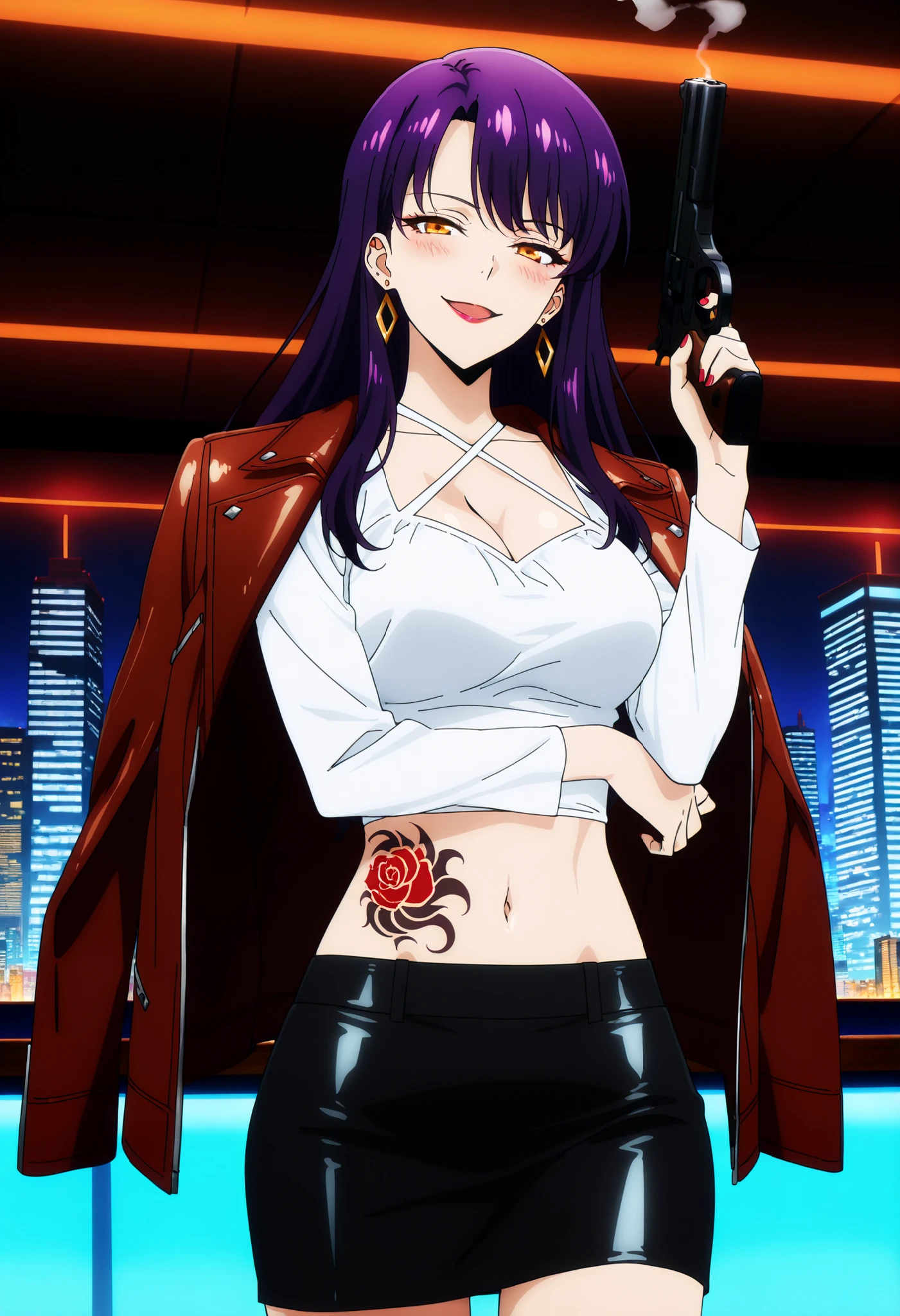 score_6_up, score_5_up, score_4_up, score_9, score_8_up, score_7_up, highly detailed, anime_source, anime_screencap, anime coloring, BREAK looking at viewer, 1girl, solo, (perfect hands, perfect anatomy), long hair, white shirt, jewelry, brown, purple hair, earrings, jacket on shoulders, yoo_soohyun, , ear piercing, long hair, blush, lipstick,Hot girl, baddie, smoking, sensual, attractive ,bar
background, inside bar,indoors, cityscape, casino, nightclub, city lights, masterpiece, best quality, highly detailed, a girls with a gun, evil smile , open mouth, sexy gaze, badass
pose , evil smile, smile, (nsfw) not safe for work, guns blazing, anime girl with long hair, beautiful long
haired girl, navel, evil expression, exposed belly, exposed navel, exposed midriff, exposed lower belly,
black pencil miniskirt, , cleavage, pencil miniskirt, ,
leather jacket, holding a gun, holding pistol,criss-cross halter,, waist dragon tattoo, narrowed eyes, tattoo waist, anipai_style , anime screencap , anime coloring, Solo Leveling Anime Style, medium large breast