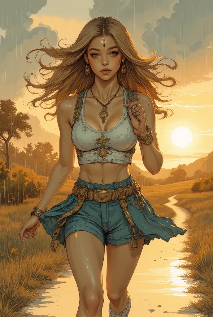 fantasy oil painting, portrait of an 18-year-old short curly blonde peasant girl, cute face (extremely Skinny Body:1.2) (flat chest:1.2) underfed, dirty medieval brown cloth mini dress, showing one nipple, crying, sweaty, 8K Ultra realista, standing in a field, night, style by Frank Farzetta