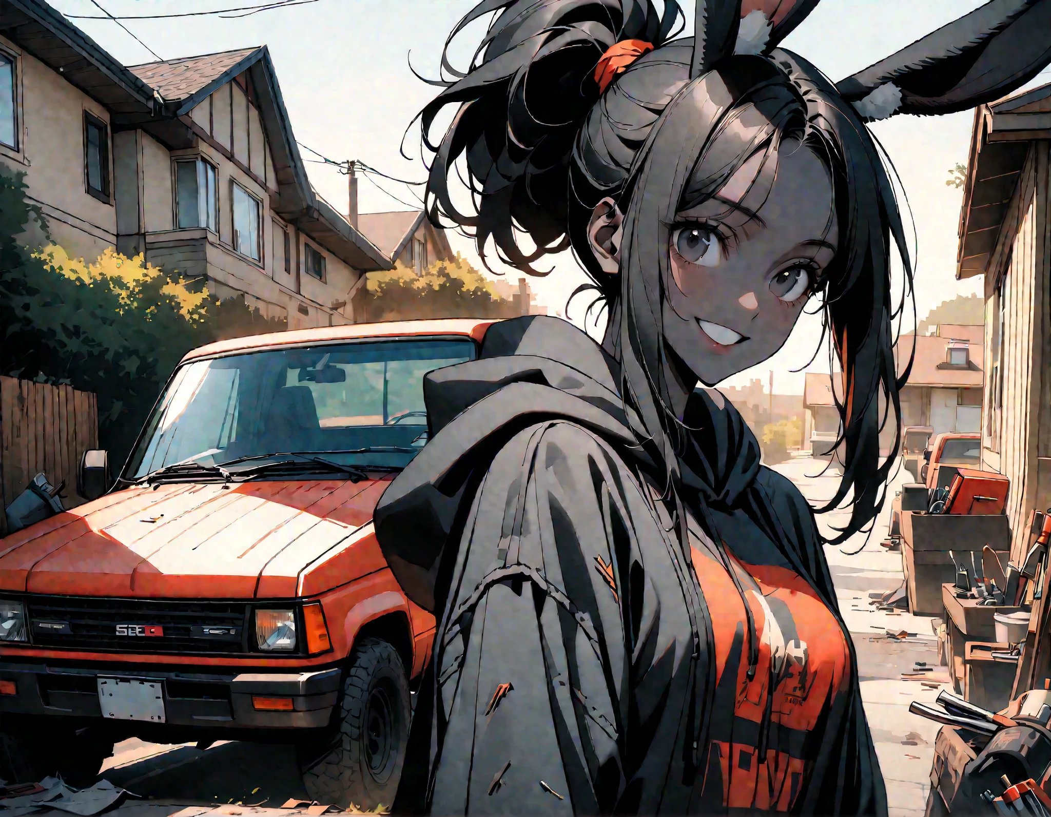 day, sunny, suburb, black skin, tools, 1990s pickup truck, red truck, comfy, driveway, rags, detailed, house, 4x4, 1girl, female, tomboy, rabbit girl, black skin, long hair, ponytail, black hair, bright black eyes, oversized hoodie, denim shorts, close up, shapely thighs, tall, curvaceous legs, broad shoulders, close up, fun, bunny ears, huge rabbit ears, black fur, large breasts, looking at viewer, fluffy denim shorts, wide smile, slim, warm light, black fur, female focus, closeup