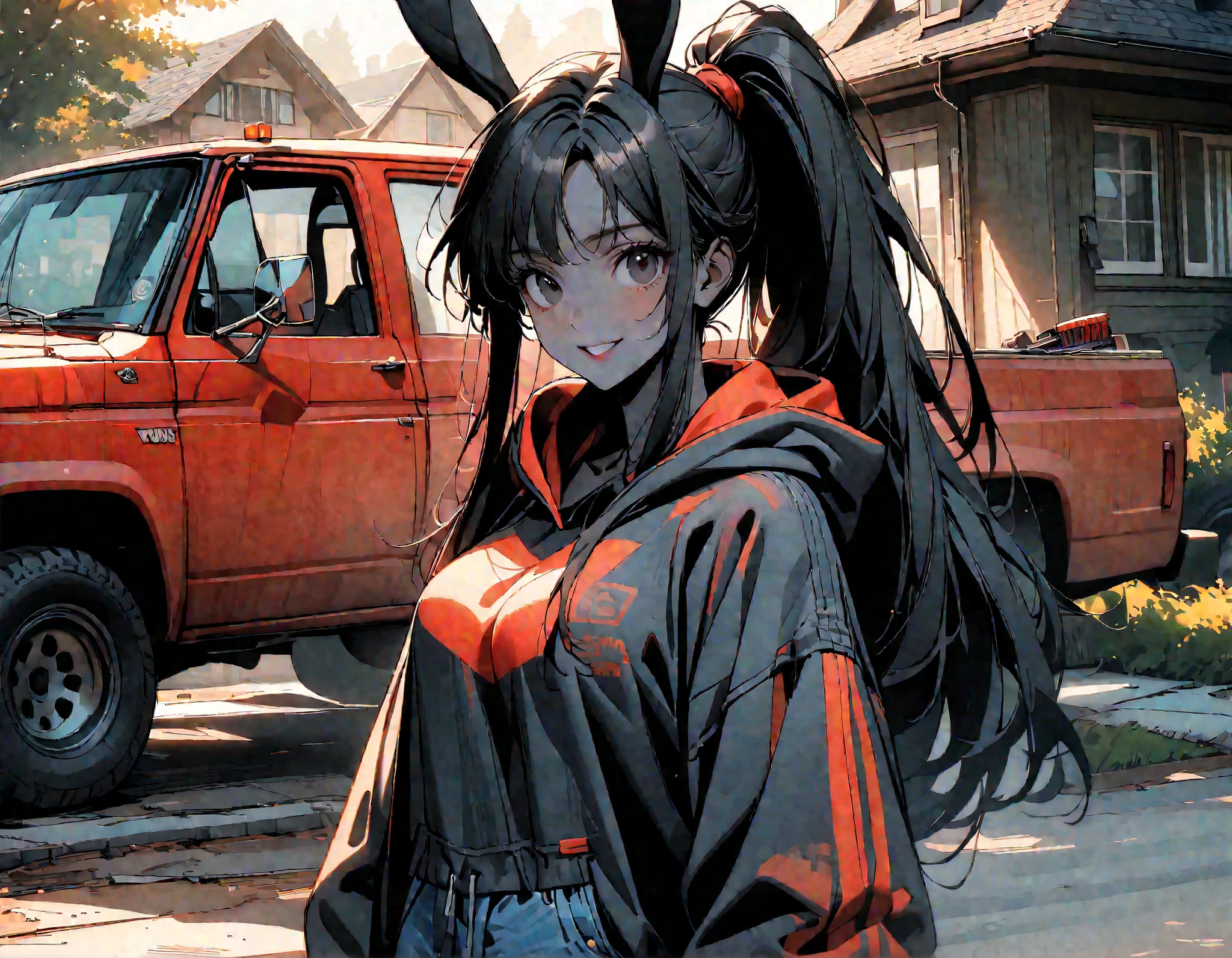 day, sunny, suburb, black skin, tools, 1990s pickup truck, red truck, comfy, driveway, rags, detailed, house, 4x4, 1girl, female, tomboy, rabbit girl, black skin, long hair, ponytail, black hair, bright black eyes, oversized hoodie, denim shorts, close up, shapely thighs, tall, curvaceous legs, broad shoulders, close up, fun, bunny ears, huge rabbit ears, black fur, large breasts, looking at viewer, fluffy denim shorts, wide smile, slim, warm light, black fur, female focus, closeup