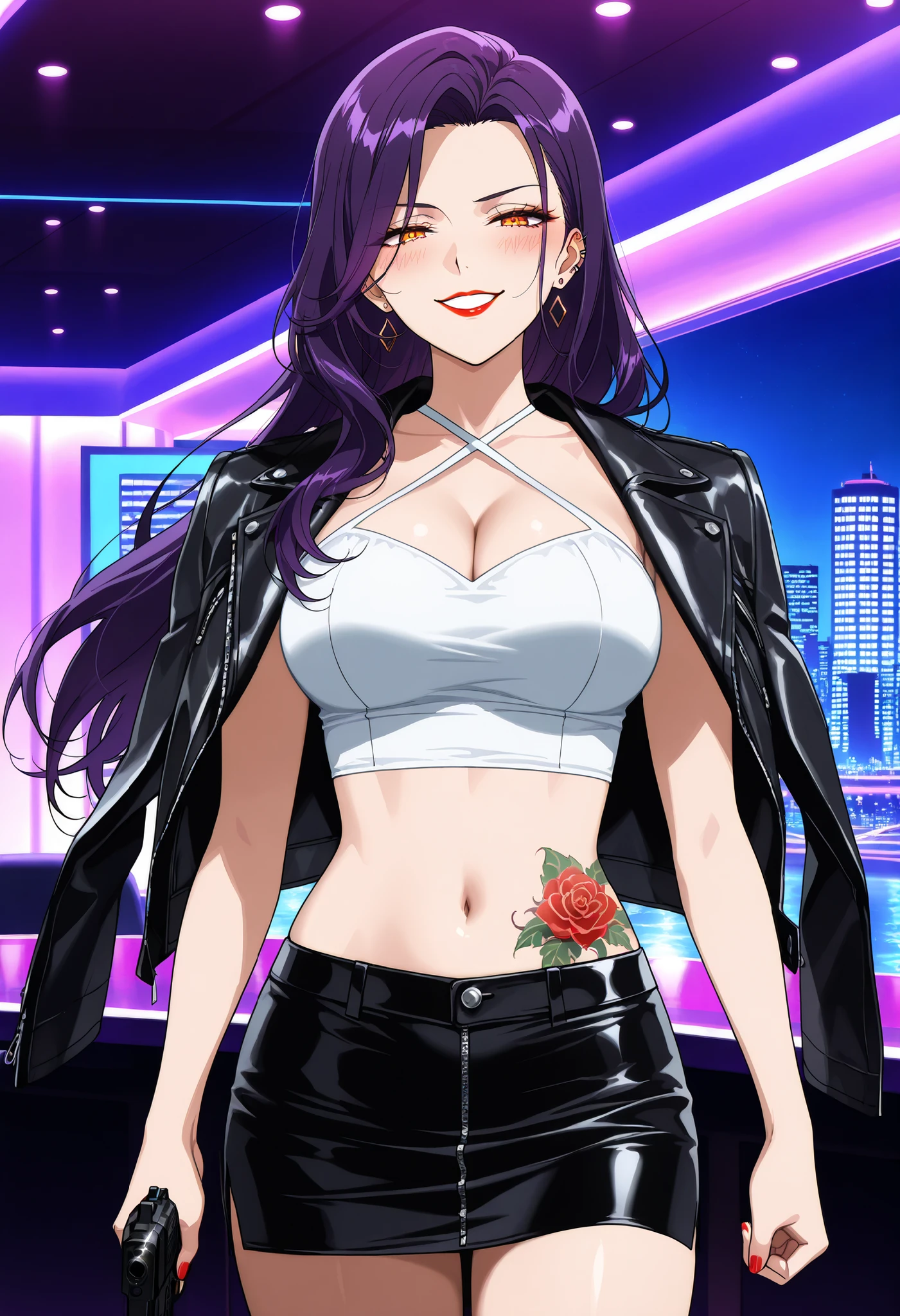 score_6_up, score_5_up, score_4_up, score_9, score_8_up, score_7_up, highly detailed, anime_source, anime_screencap, anime coloring, BREAK looking at viewer, 1girl, solo, (perfect hands, perfect anatomy), long hair, white shirt, jewelry, brown, purple hair, earrings, jacket on shoulders, yoo_soohyun, , ear piercing, long hair, blush, lipstick,Hot girl, baddie, smoking, sensual, attractive ,bar
background, inside bar,indoors, cityscape, casino, nightclub, city lights, masterpiece, best quality, highly detailed, a girls with a gun, evil smile , open mouth, sexy gaze, badass
pose , evil smile, smile, (nsfw) not safe for work, guns blazing, anime girl with long hair, beautiful long
haired girl, navel, evil expression, exposed belly, exposed navel, exposed midriff, exposed lower belly,
black pencil miniskirt, , cleavage, pencil miniskirt, ,
leather jacket, holding a gun, holding pistol,criss-cross halter,, waist dragon tattoo, narrowed eyes, tattoo waist, anipai_style , anime screencap , anime coloring, Solo Leveling Anime Style, medium large breast