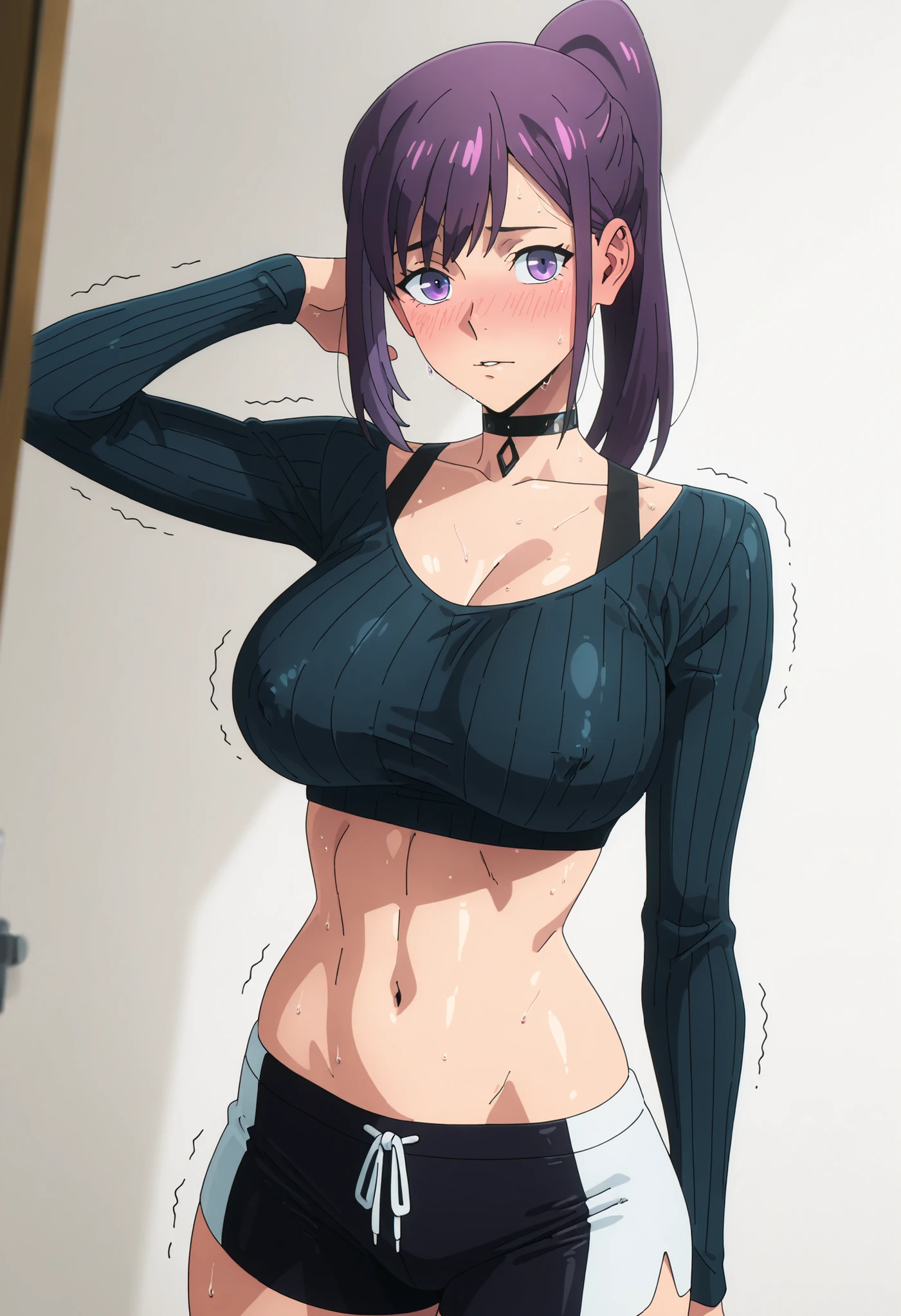 anime screencap, masterpiece, best quality,
1girl, solo,, sweat,
purple hair, purple eyes, high ponytail,
JinahJogging,, standing, looking at the viewer, cowboy shot,
A curvy anime girl with a voluptuous, hourglass figure and smooth skin., her posture slightly tense, arms close to her sides. Her body language expresses shyness and nervousness, with flushed cheeks, slightly trembling lips, and subtle sweat on her face and body. Her facial expression shows embarrassment, with blushing and a shy, almost tearful look.
She is wearing a tight, long-sleeve ribbed top that stretches over her large chest, revealing the shape of her nipples through the fabric. Around her neck is a metallic choker or accessory. Her toned stomach is exposed. She wears very short, tight athletic shorts with white trim and a drawstring in the middle, emphasizing her hips and thighs. Her skin appears slightly shiny as if from sweat, adding to the realism.
Style: high-resolution anime art, realistic shading,, glossy skin highlights, detailed clothing texture., STANDING, POSING, LARGE BREASTS, TIGHT CLOTHES, "skin-tight crop top" , "lighting focused on chest", "highlighted curves", white background, empty background, nice legs, COWBOY SHOT, BLACK CROP TOP, BLACK TOP, shiny face, thick ass, thick thigs, navel, midriff,