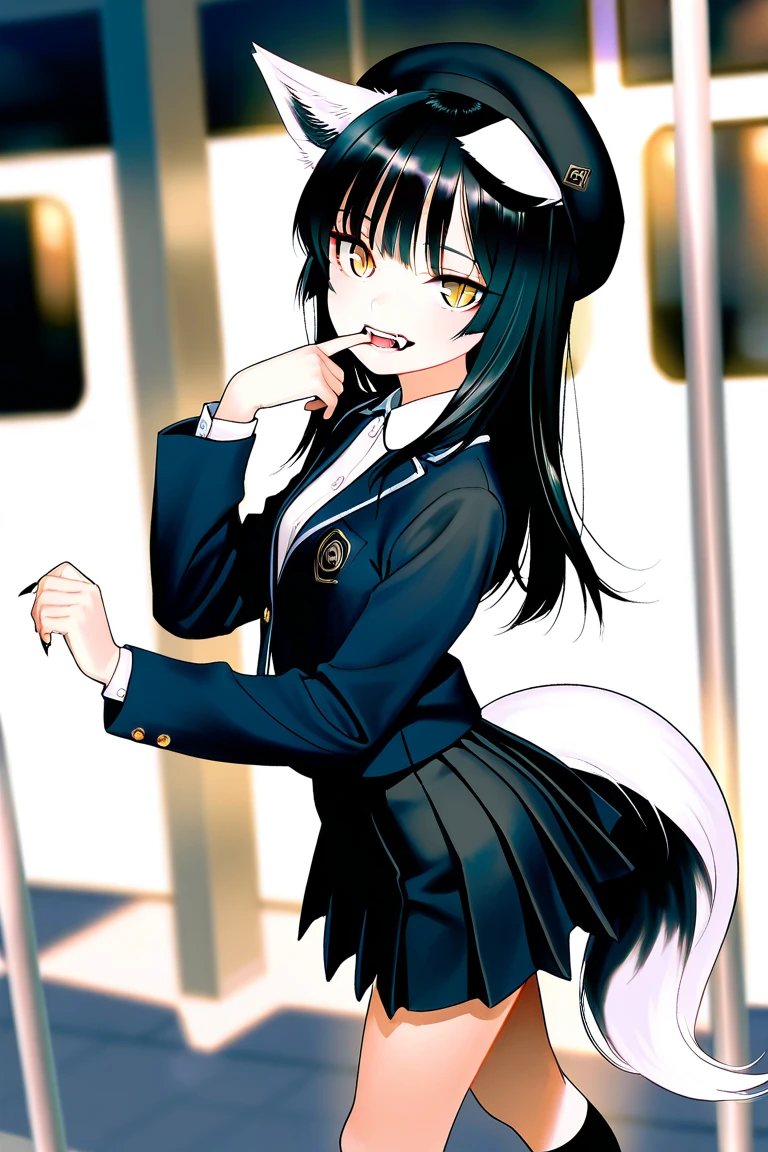 Male with box head, black cat ears and black and white tuxedo with black and white leggings, with halo above head and a white cat tail