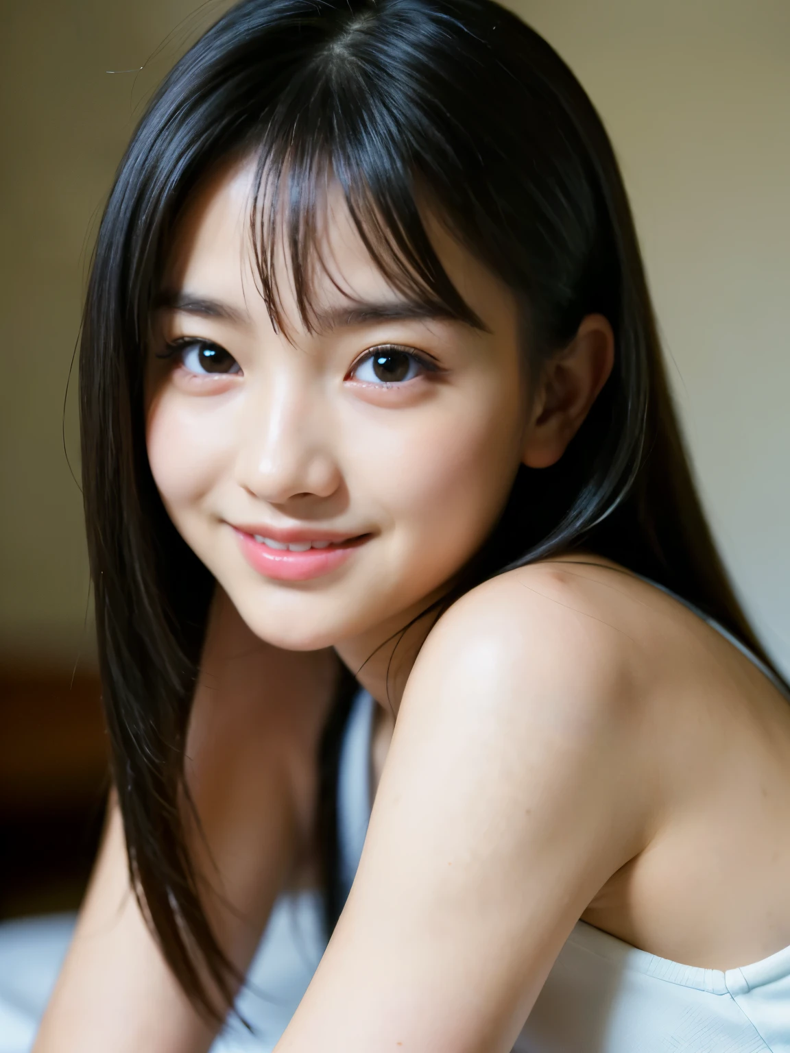 masterpiece,best quality,(Japanese ),((Beautiful girl)),cleavage,indoor,(perfect body beauty:1.2),(shy smile),beautiful teeth,