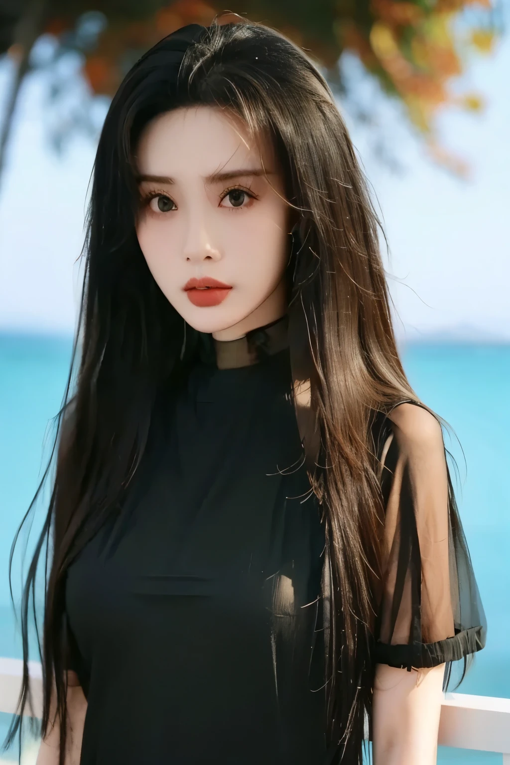 Beautiful Women with Perfect Shapes,Layered Hairstyle,Skin Whitening, long black hair,mesh clothes,stands by the sea