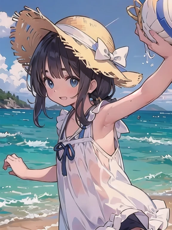 Absurd, Masterpiece, Best Quality, (Super Detailed), (Nice Hands, Perfect Hands), Ideal Proportions of the Body, BREAK (Vector Outline, Flat Color: 1.3), ((1girl)), Solo , stand, (raised hand) ), from the side, upper body close-up, big breasts, from below, on the sandy beach, blue sky, wind, rim light, sunlight, beautiful lighting, BREAK cute girl, 7 years old, (young: 1.8), fine blue eyes , (Eye highlights), Silver medium bob hair: 1.2), Medium breasts, Surprised, Wide open mouth, (Full blush), Sweat, Floating hair, BREAK (wearing floral sundress), (Floating skirt) , No panties: 1.3), Straw hat, Erotic position, {{{(((Clothes are wet and transparent, nsfw)))}}},