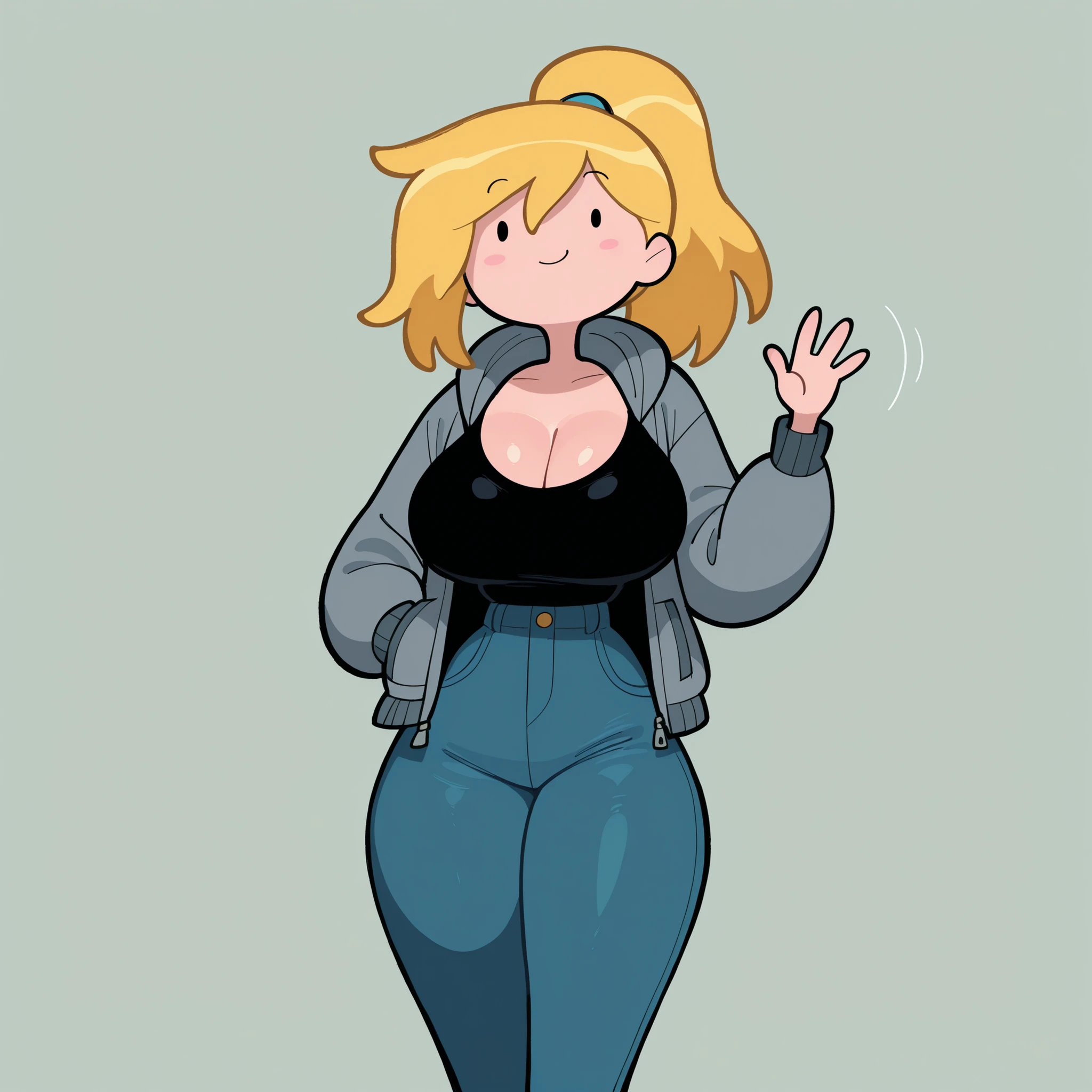 masterpiece, best quality, amazing quality, very aesthetic, absurdres, high res, shiny skin, 1girl, solo, long blonde hair, ponytail, middle bangs, dot eyes, big breasts, narrow waist, wide hips, thick thighs, slim, gray hooded jacket, black t-shirt, cleavage, skinny jeans, blushed, smile, cute, hand on pockets, waving hand, standing, looking at viewer, simple background, from the front view, adventure time