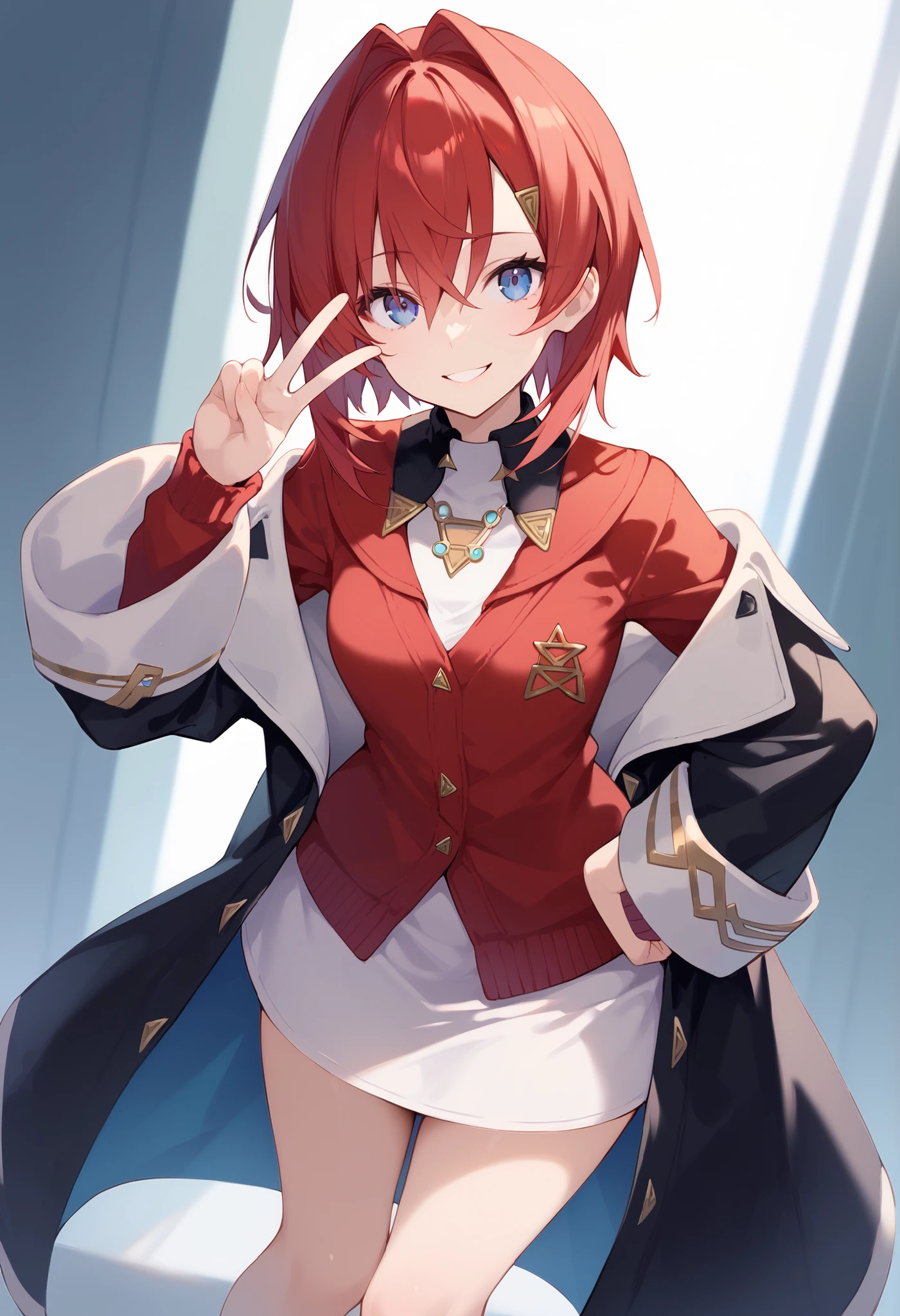 score_9, score_8_up, score_7_up, source_anime,dutch angle, absurdres,ak1, blue eyes, red hair, short hair, hair between eyes, hair intakes, hairclip, hair ornament,
cardigan, red cardigan, off shoulder, coat, black coat, long coat, jacket, black jacket, white skirt, bare legs,(v over eye,hand on hips),bent over,smile,