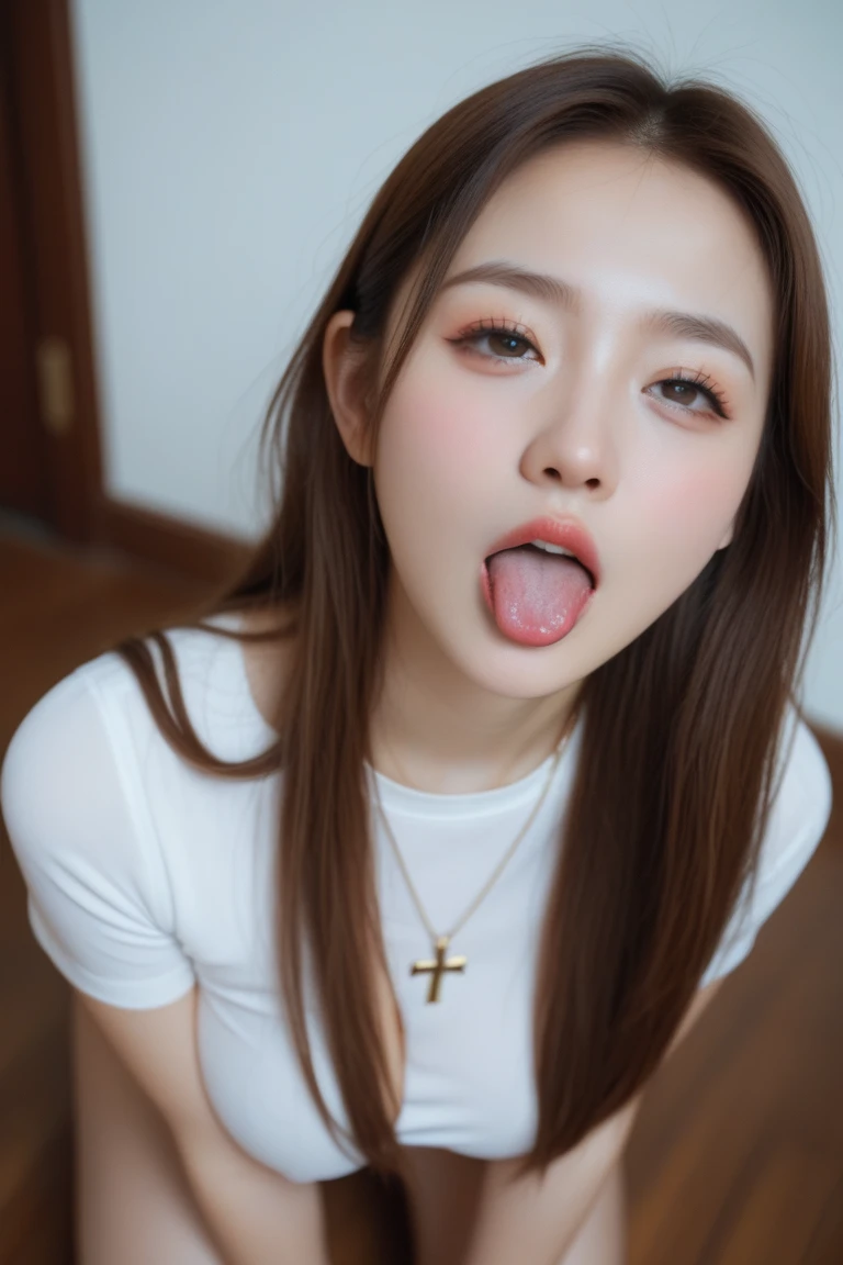 1 girl, NSFW, (White background), ((8k, raw, masterpiece: 1.4)), (Professional photography, sharp:1.2), ((Portrait shoot)), Perfect dynamic composition, (natural sunlight), (soft shadow), (Perfect body:1.4, Slim abs:1.2), ((Japanese hairstyle:1.4, huge breasts:1.2)), medium long hair, Ultra-detailed faces and skin, perfect asian, White skin, (Delicate skin:1.3),(latex leather:0.4), (perfect glowing skin:0.6), Bai Senai, Colleague students, 27 years old, fashion model, (Sexy white luxury dress), Show cleavage, blonde hair, light brown eyes, beautiful eyes, round eyes, pretty face, blush, glossy lips, high nose bridge, shiny eyes, Perfectly proportioned face, Really moist skin, exquisite expression, Smile gently at the camera, looking at camera, exquisite expression, elegant necklace, elegant earrings, minimalist，(((open mouth：1.5)))，(((stick out tongue:1.5)))
