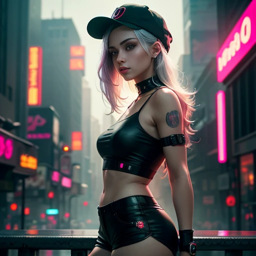 Beauty in the hair, wearing hat, Cyberpunk-style shorts