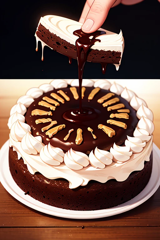  cinematic still-frame chocolate， chocolate cake ，deep dark background，High quality photos，Wet texture，Icing ，studio photo，slice，shallowdepthoffield，Vignette，Very meticulous，High budget，Bokeh， widescreen，gloomily，epic，opulent，cinematic grain，grain sense
