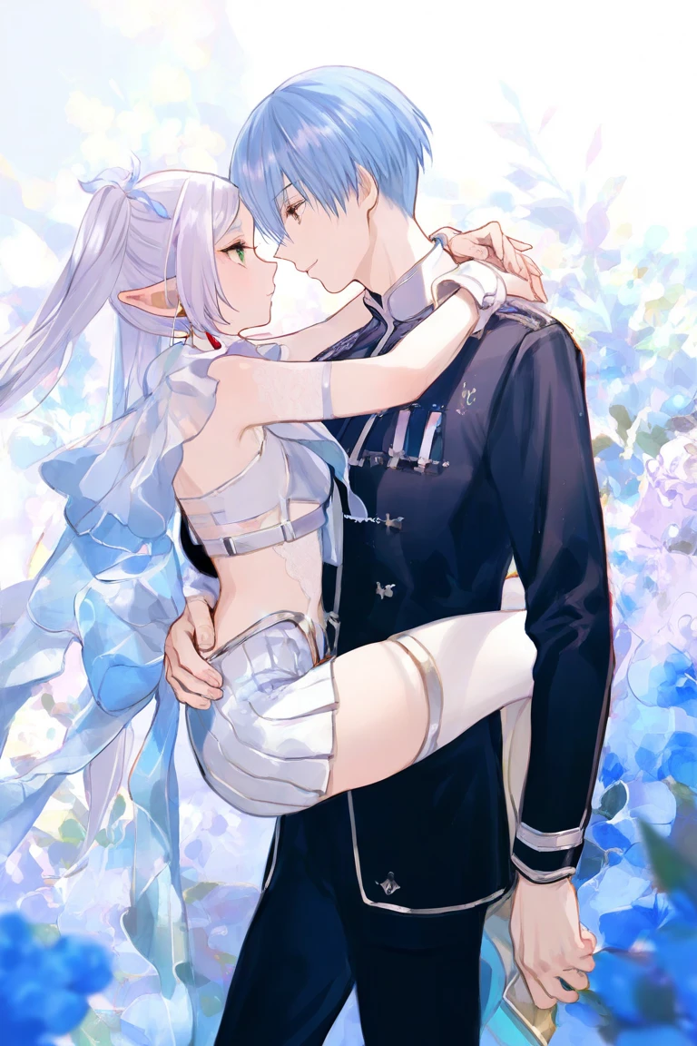 Artis:gomzi,Artis:rail,Artis:diyokama,
frieren,himmel_(sousou_The No_frieren),sousou_The No_frieren BREAK
rei_(sanbonzakura),[[Artis:fuzichoco]],year 2023,
((((alternate_Costumes)))),alone,
1 boy,1girl,husband and wife,(raise person:1.331),(carrier:1.1),face to face,Eye contact,arms around neck,flora background,cowbo shot,
