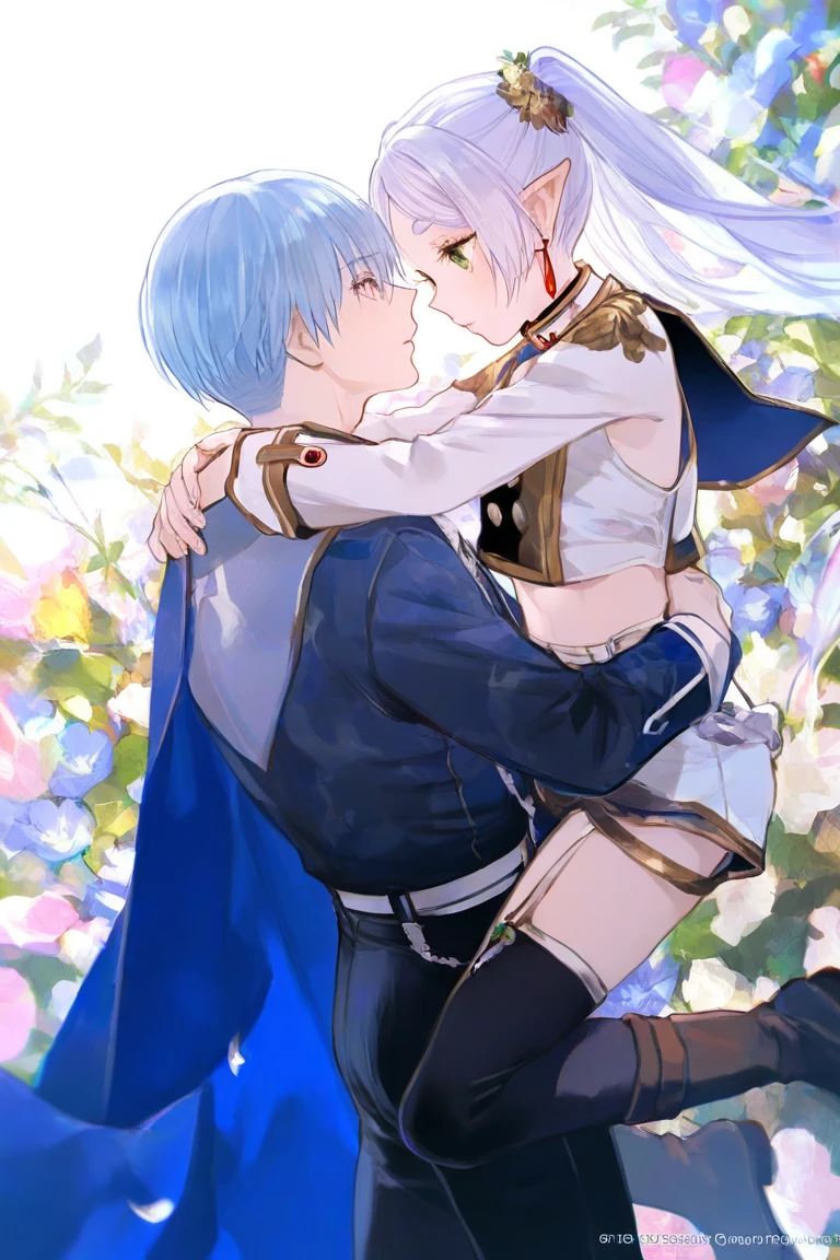 Artis:gomzi,Artis:rail,Artis:diyokama,
frieren,himmel_(sousou_The No_frieren),sousou_The No_frieren BREAK
rei_(sanbonzakura),[[Artis:fuzichoco]],year 2023,
((((alternate_Costumes)))),alone,
1 boy,1girl,husband and wife,(raise person:1.331),(carrier:1.1),face to face,Eye contact,arms around neck,flora background,cowbo shot,