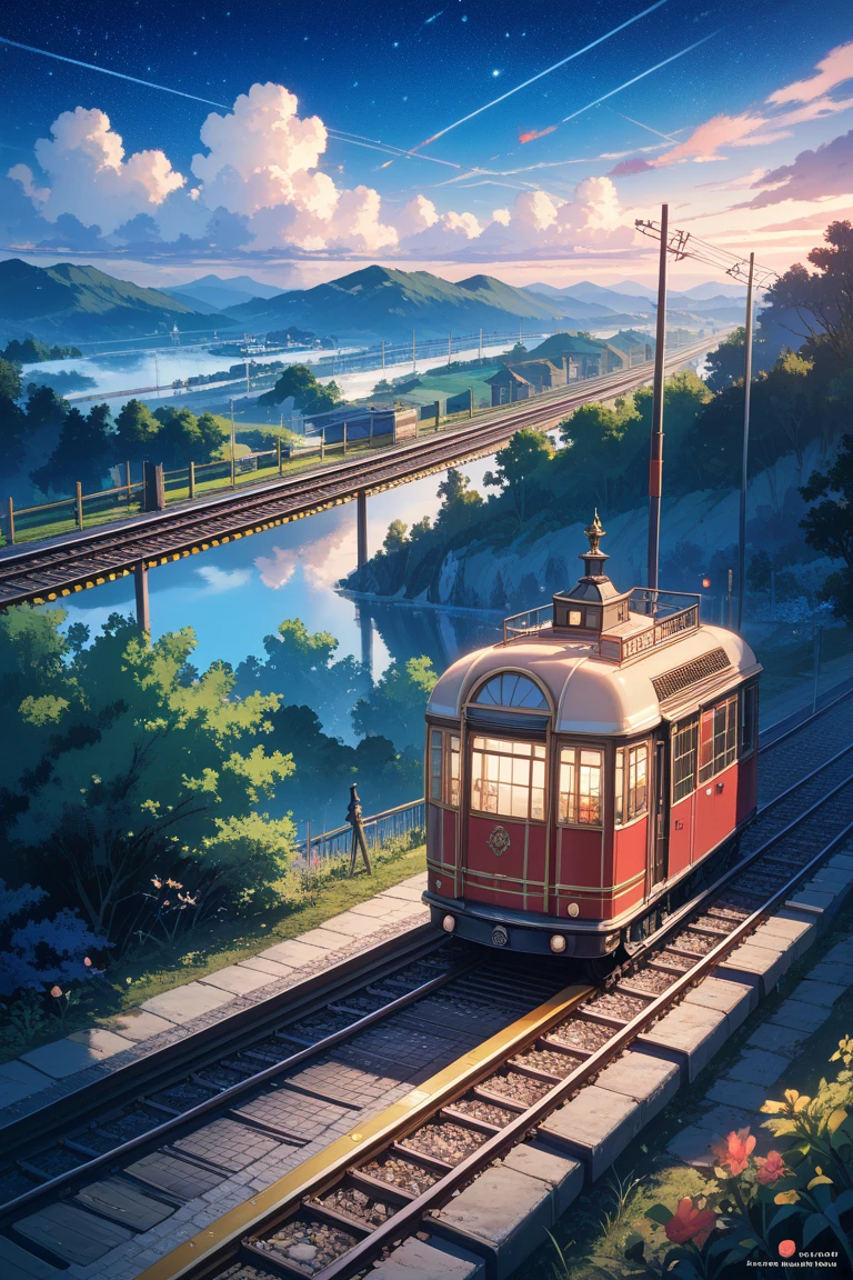 High-quality masterpieces, The landscape, clouds, Wide Anime Train Passing Through a Body of Water on Distant Railroad Tracks, Bright starry sky. visitor, Romantic lights, pixiv, conceptual art , Lofi Art Style, Reflectors. Shinkai sincerely, Trophy Art , Beautiful Anime Scene, Anime landscapes, Detailed Scenery — 672, Shinkai sincerely's style, Shinkai sincerely's style, Enhance details.