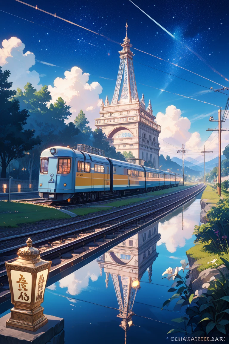 High-quality masterpieces, The landscape, clouds, Wide Anime Train Passing Through a Body of Water on Distant Railroad Tracks, Bright starry sky. visitor, Romantic lights, pixiv, conceptual art , Lofi Art Style, Reflectors. Shinkai sincerely, Trophy Art , Beautiful Anime Scene, Anime landscapes, Detailed Scenery — 672, Shinkai sincerely's style, Shinkai sincerely's style, Enhance details.