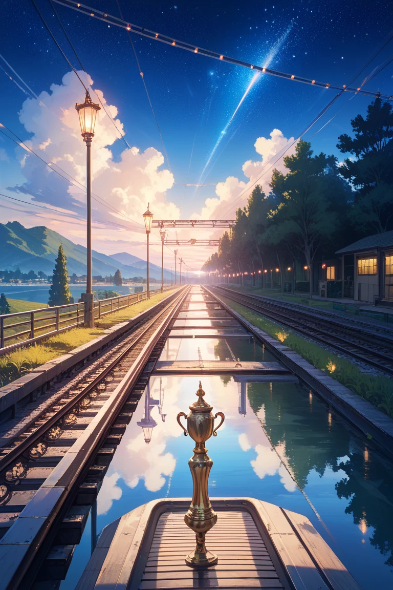 High-quality masterpieces, The landscape, clouds, Wide Anime Train Passing Through a Body of Water on Distant Railroad Tracks, Bright starry sky. visitor, Romantic lights, pixiv, conceptual art , Lofi Art Style, Reflectors. Shinkai sincerely, Trophy Art , Beautiful Anime Scene, Anime landscapes, Detailed Scenery — 672, Shinkai sincerely's style, Shinkai sincerely's style, Enhance details.