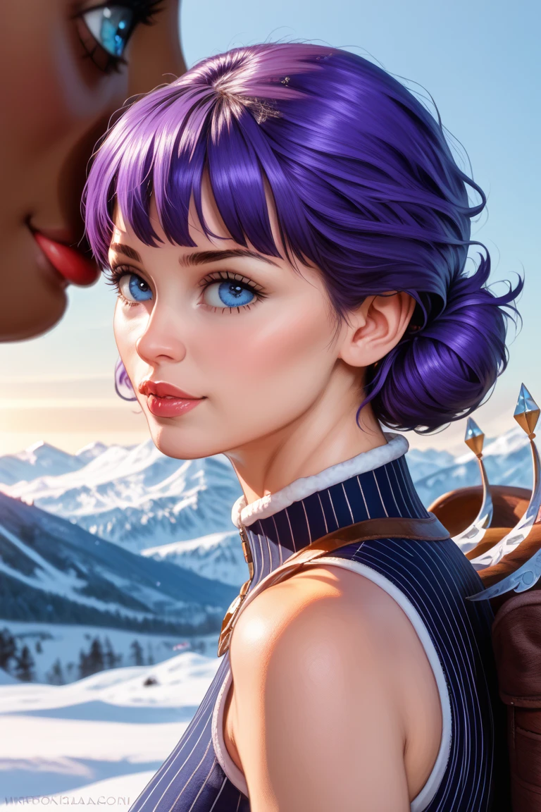 (photos_(middling):1.2), author Antonio J. Manzanedo, author:Jeremy Lipking, 1girl, Look into the camera, ( FOR THE AUDIENCE :1.1), (photosrealistic:1.2), hyper-realistic, photosrealism, close-up, Head and shoulders, purple hair with rainbow stripes, 1 girl with short hair , pony tails, By bangs, Blue Eyes, Friendly, eyeslashes, steampunc, Sleeveless, subsurface skin tering , snowy mountain background , 对称, Depth of field , 8 thousand, vfx, HDR, Renesas Electronics