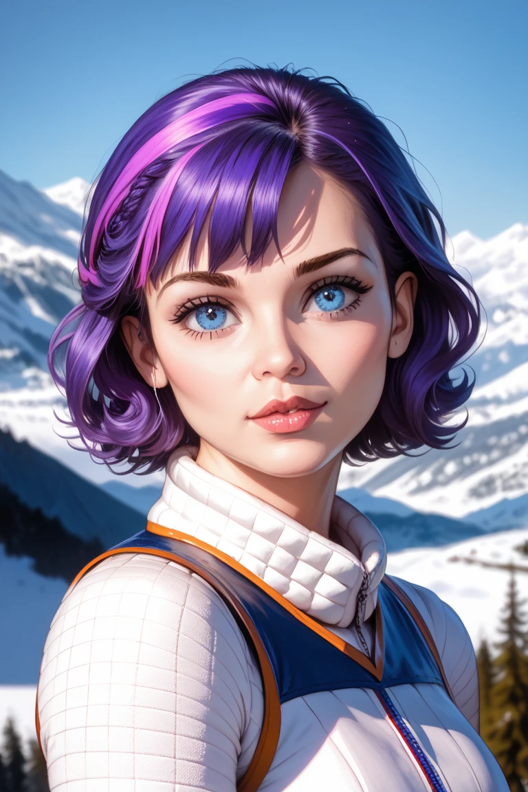 (photos_(middling):1.2), author Antonio J. Manzanedo, author:Jeremy Lipking, 1girl, Look into the camera, ( FOR THE AUDIENCE :1.1), (photosrealistic:1.2), hyper-realistic, photosrealism, close-up, Head and shoulders, purple hair with rainbow stripes, 1 girl with short hair , pony tails, By bangs, Blue Eyes, Friendly, eyeslashes, steampunc, Sleeveless, subsurface skin tering , snowy mountain background , 对称, Depth of field , 8 thousand, vfx, HDR, Renesas Electronics