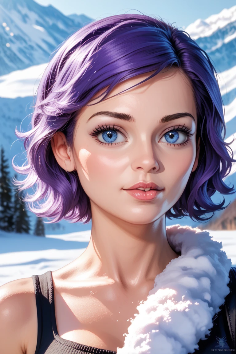 (photos_(middling):1.2), author Antonio J. Manzanedo, author:Jeremy Lipking, 1girl, Look into the camera, ( FOR THE AUDIENCE :1.1), (photosrealistic:1.2), hyper-realistic, photosrealism, close-up, Head and shoulders, purple hair with rainbow stripes, 1 girl with short hair , pony tails, By bangs, Blue Eyes, Friendly, eyeslashes, steampunc, Sleeveless, subsurface skin tering , snowy mountain background , 对称, Depth of field , 8 thousand, vfx, HDR, Renesas Electronics