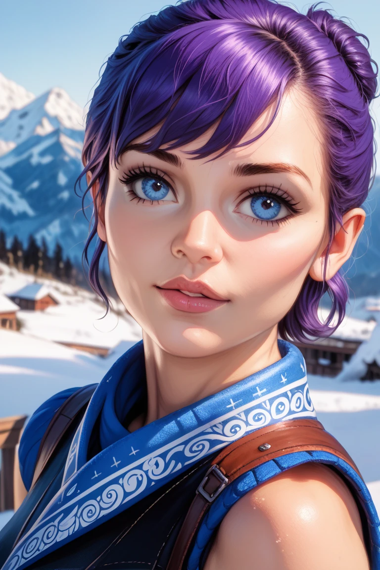 (photos_(middling):1.2), author Antonio J. Manzanedo, author：Jeremy Lipking, 1girl, Look into the camera, ( FOR THE AUDIENCE :1.1), (photosrealistic:1.2), hyper-realistic, photosrealism, close-up, Head and shoulders, purple hair with rainbow stripes,  1 girl with short hair , pony tails, By bangs, Blue Eyes, Friendly, eyeslashes, steampunc, Sleeveless,  subsurface skin tering , snowy mountain background , 对称, Depth of field , 8 thousand, vfx, HDR, Renesas Electronics