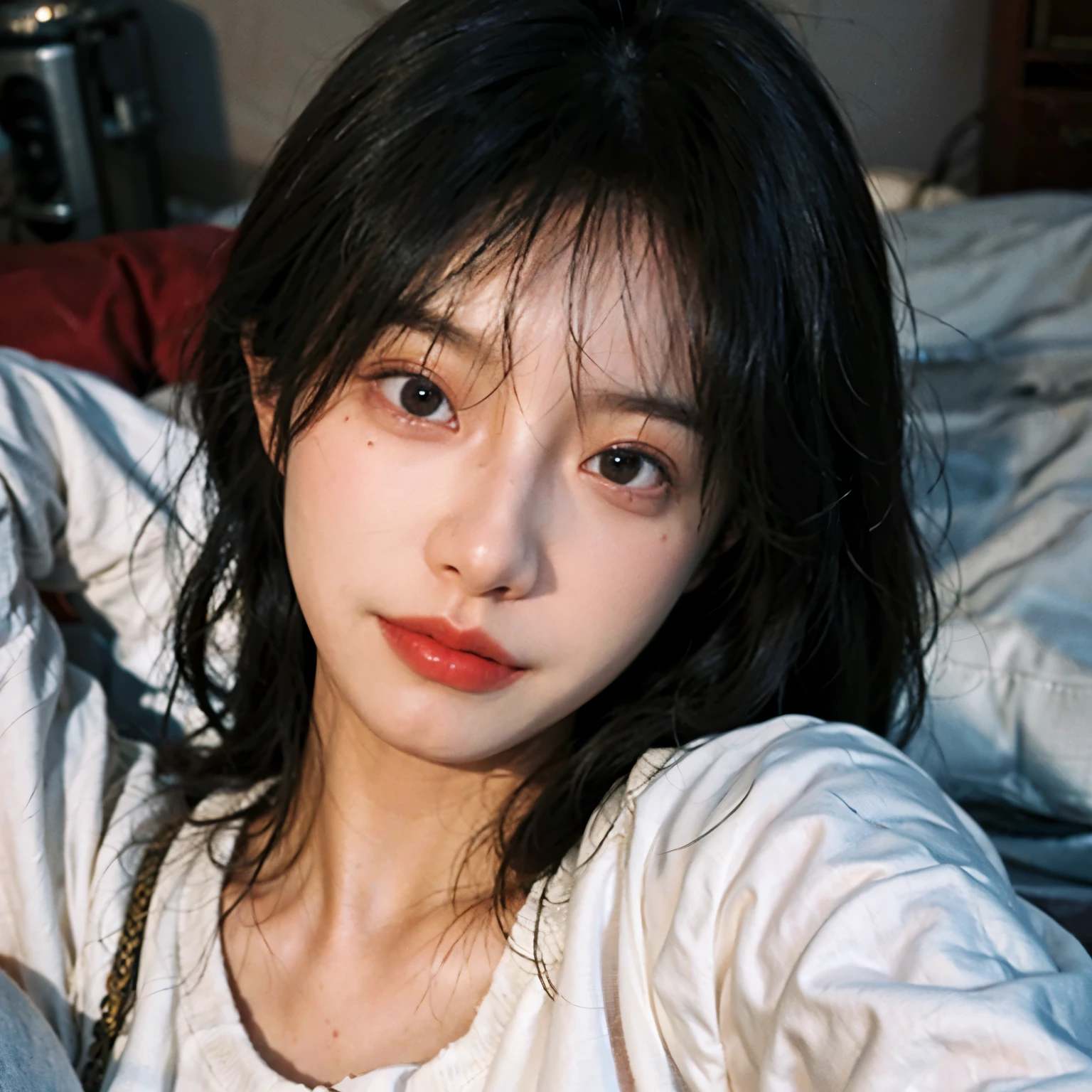 soft lighting,  RAW photos , (perfect lighting), (masterpiece), (Best Quality:1.0), (Ultra High Resolution:1.0), extremely detailed eyes, 对称, upper body,  (High quality skin:1.2, shiny skin),  (photorealistic:1.37, realistic), highly dailed CG unified 8 thousand wallpapers, perfect eyes, ( dynamic pose :1), Portrait, 8 thousand, Best Quality,  Ultra High Resolution, (photorealistic:1.4), RAW photos , (realistic skin texture:1.3), (film particles:1.3), (selfie angle ),1girl,beautiful and detailed eyes and face,masterpiece, Best Quality ,upper body, (top views), ((Watch from above)), on bedroom, Lie down in bed, Lie down in bed, morpheus, in pajamas, morpheus clothes, 