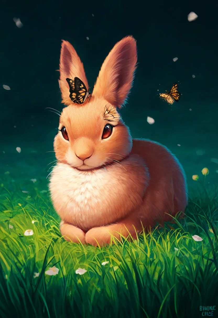 Bunnies chase butterflies in the grass