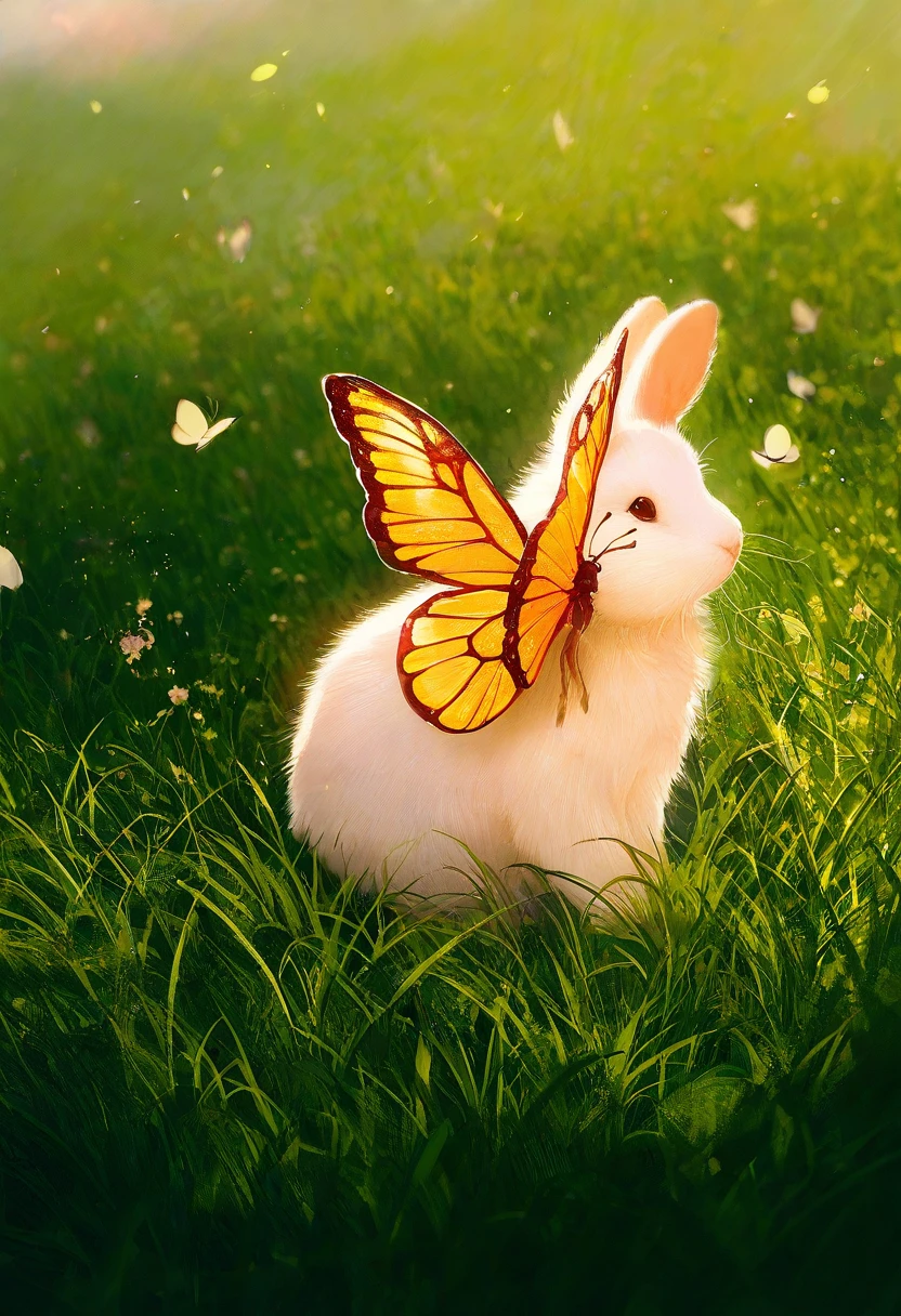 Bunnies chase butterflies in the grass