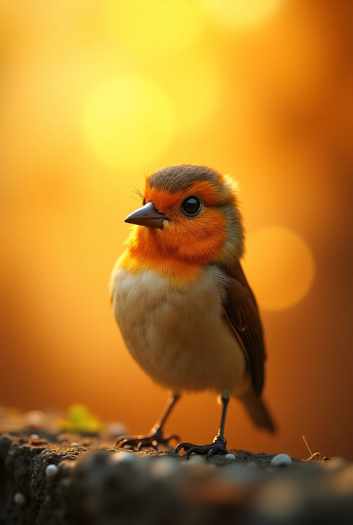 A charming close-up portrait,Showing a beautiful bird,Illuminated by soft golden light on a quiet morning,The bokeh ball gently frames its petite body