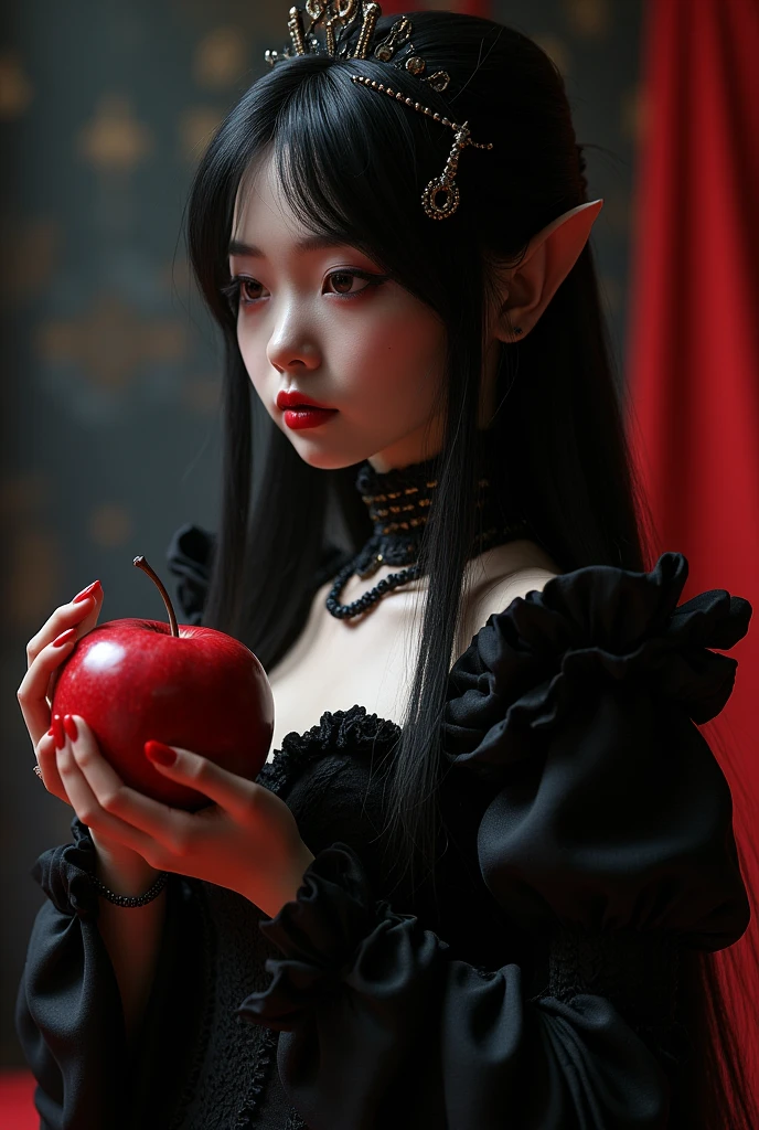 ((RAW photos),Absurd ,(Absurd 分辨率)),masterpiece,Best quality,(extremely detailed 8k unity CG wallpaper),(Most Best Illustration),(BEST SHADOW),Realistic lighting,Beautiful and detailed brilliance ,((21yo)),girl,longblackhair,Black Queen,accessories,Hold an apple,Poison apples,Witch Queen,red lipsticks,(((Her photography perspective)))