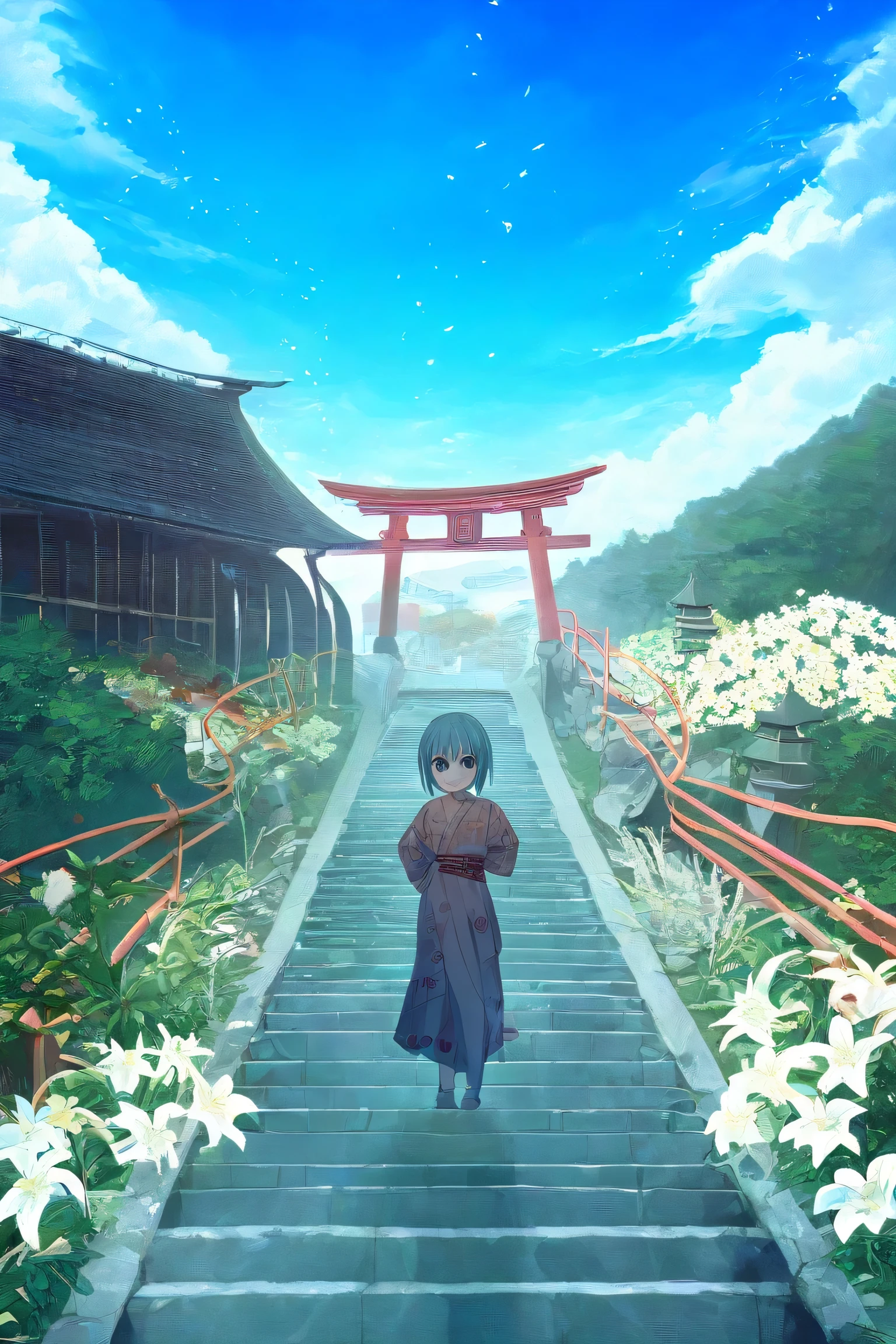 1girl, alone, from the above, (white lily flower), Aesthetic,   intricate  , best quality, Detailed background, Miki Ayaka, ((girl wearing a patterned teal  komono :1.2)), (walking in Zen garden),  casual pose, detailed texture, Pose up, flowall print,  Hair accessory , head gear, japanses clothes,  komono , inner strength, allure, pagoda  , petals, (teal  komono ), Sash, shrines, Skysky, stone steps,   torii  , Wide sleeves, bathrobe 
