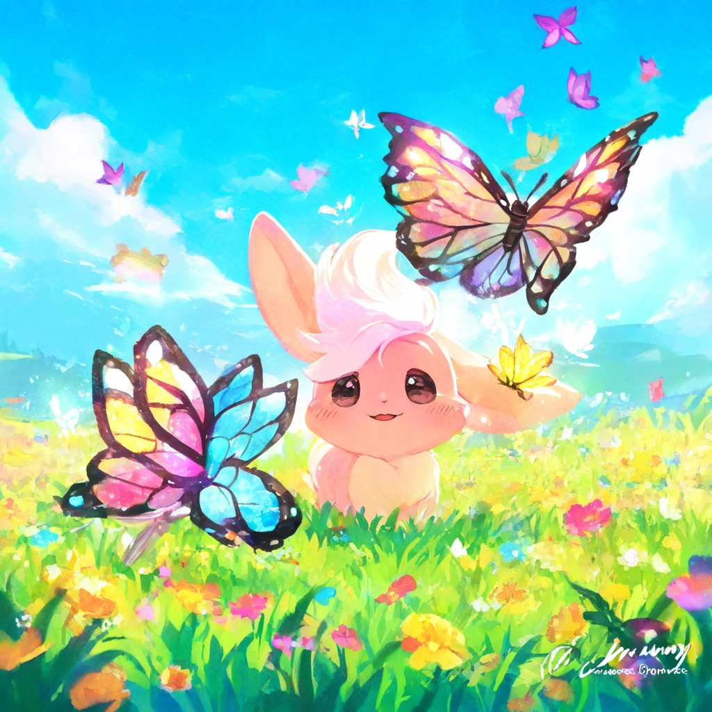 A furry bunny chases colorful butterflies in the grass