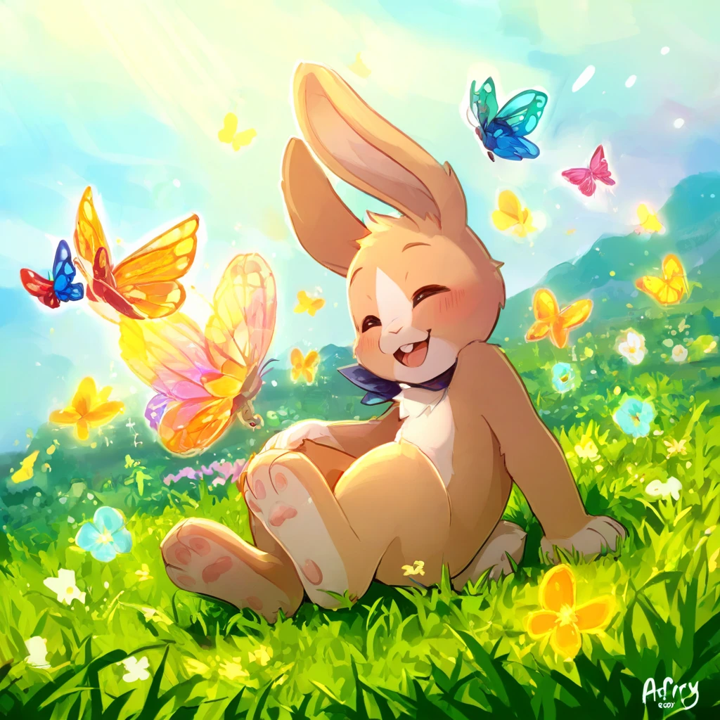 A furry bunny chases colorful butterflies in the grass