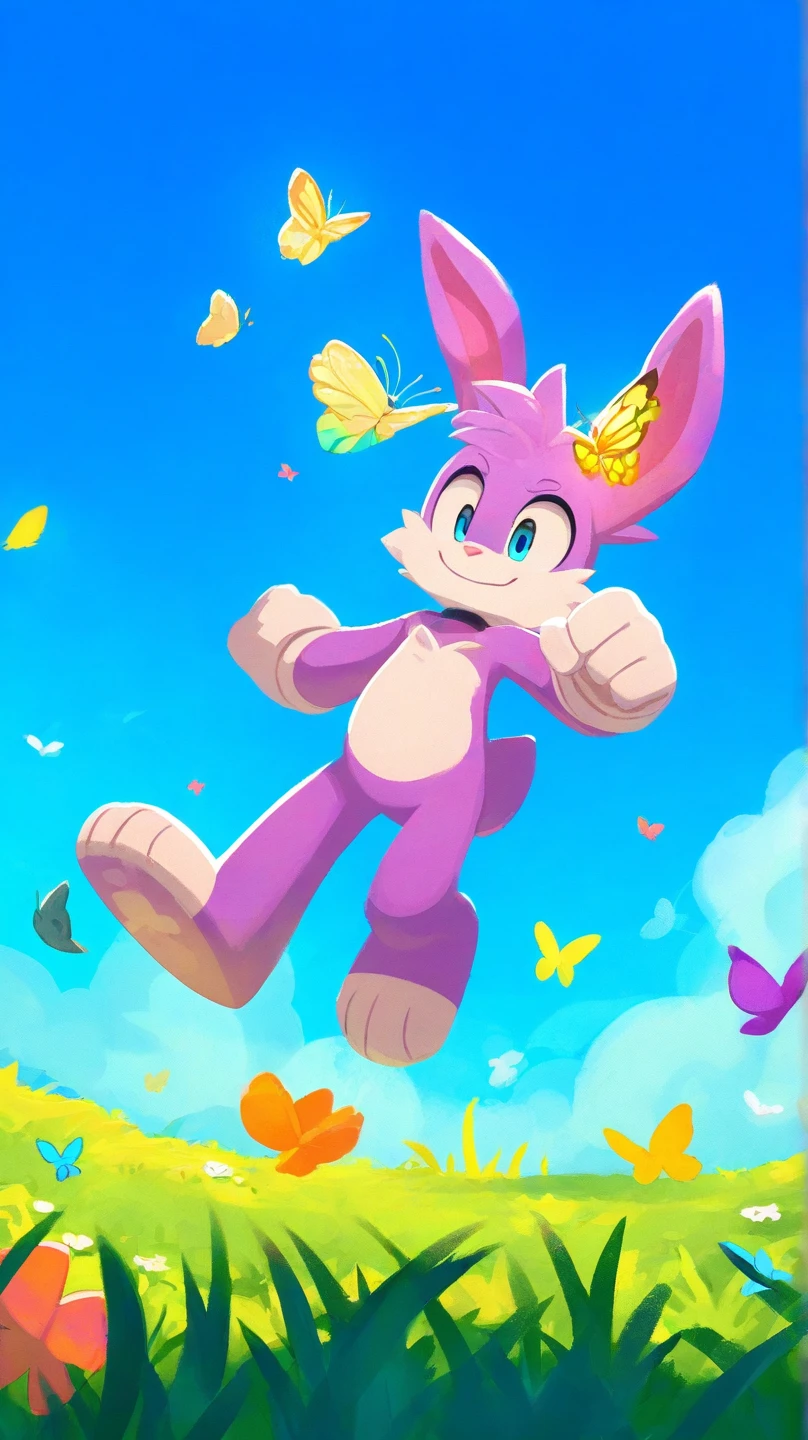 A furry bunny chases colorful butterflies in the grass