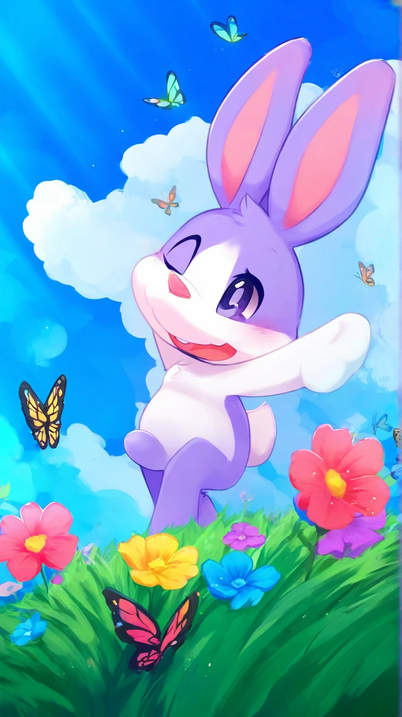 A furry bunny chases colorful butterflies in the grass