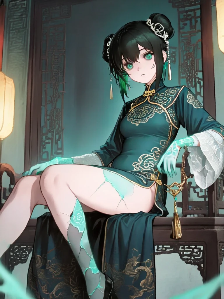 (masterpiece, best quality:1.2), 1girl, solo, A Qing Dynasty female zombie reclines by a carved moon gate, broken gilt tassels dangling from her double buns; her wide-sleeved qipao, embroidered with phosphorescent taotie patterns, glows faintly. Cracks on her long, black-stockinged legs ooze malachite-green droplets, while pale blue-white fingers entwine a luminous 'chìlìng' talisman paper. In the background, cobweb-draped lanterns hang from the ancient mansion's caisson ceiling (zaojing). The image blends American-style sensual proportions with the 'nail-head rat-tail' brushwork of court painting. Backlighting highlights the 8K weave texture of a silk slip, as grey-cyan mist laden with mineral sediment drifts through the window lattice. The underlying raw Xuan paper texture is overlaid with the texture of mineral pigments, Illustration in traditional Chinese ink-wash style, zombiegirl