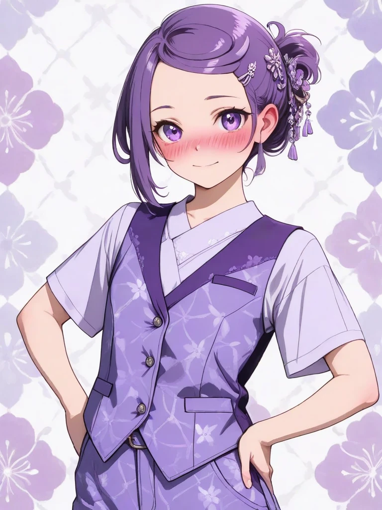 (masterpiece, best quality:1.2), score_9, score_8_up, score_7_up, masterpiece, best quality, source_anime, 1girl, solo,
Kenzaki Makoto,
vest, hair accessories, purple and clothes, preset pattern, detailed and clothes, looking at the viewer, hairpin, cowboy shot, small chest, blushing.