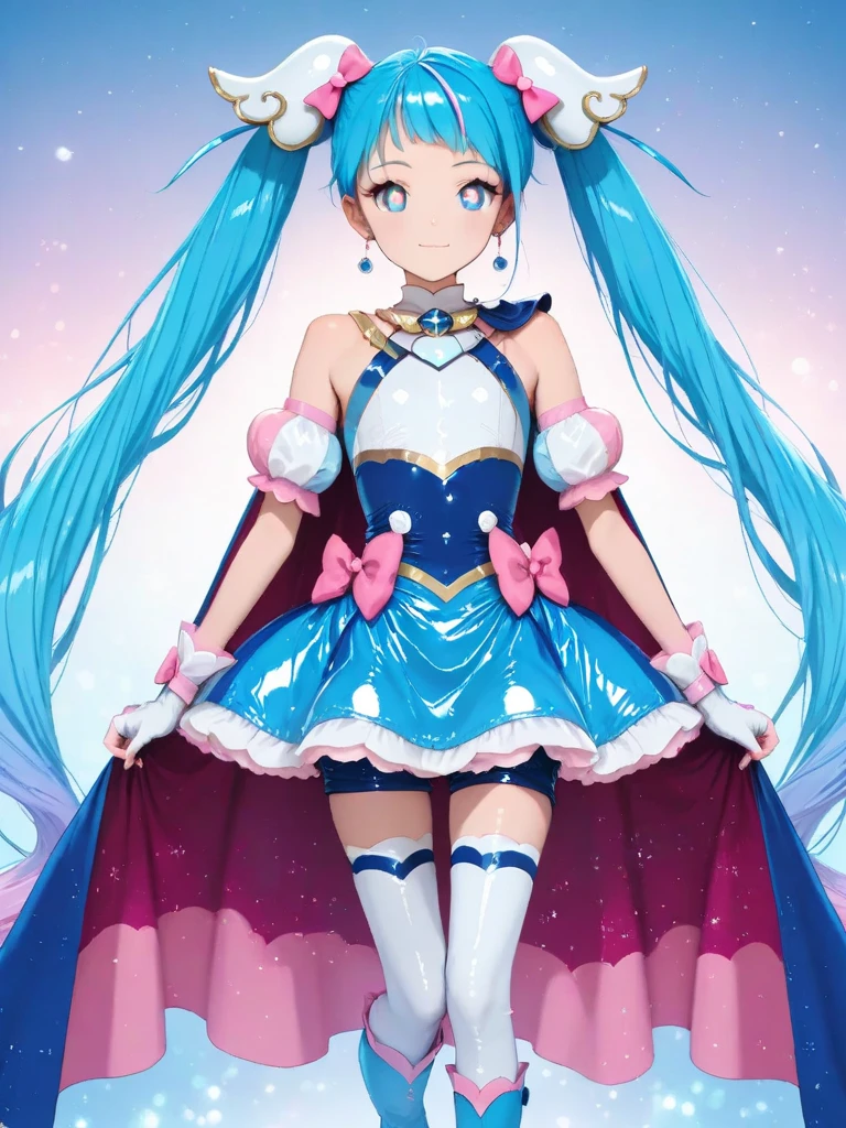 (masterpiece, best quality:1.2), score_9, score_8_up, score_7_up, masterpiece, best quality, source_anime, 1girl, solo,
curesky,
hair ornament, earrings, brooch, multicolored clothes, puffy detached sleeves, bare shoulders, cape, blue skirt, pink bow, white fingerless gloves, white thighhighs, zettai ryouiki, blue footwear, blue eyes, symbol in eyes, multicolored hair, blue hair, twintails, very long hair, flat chest, blue latex shorts.