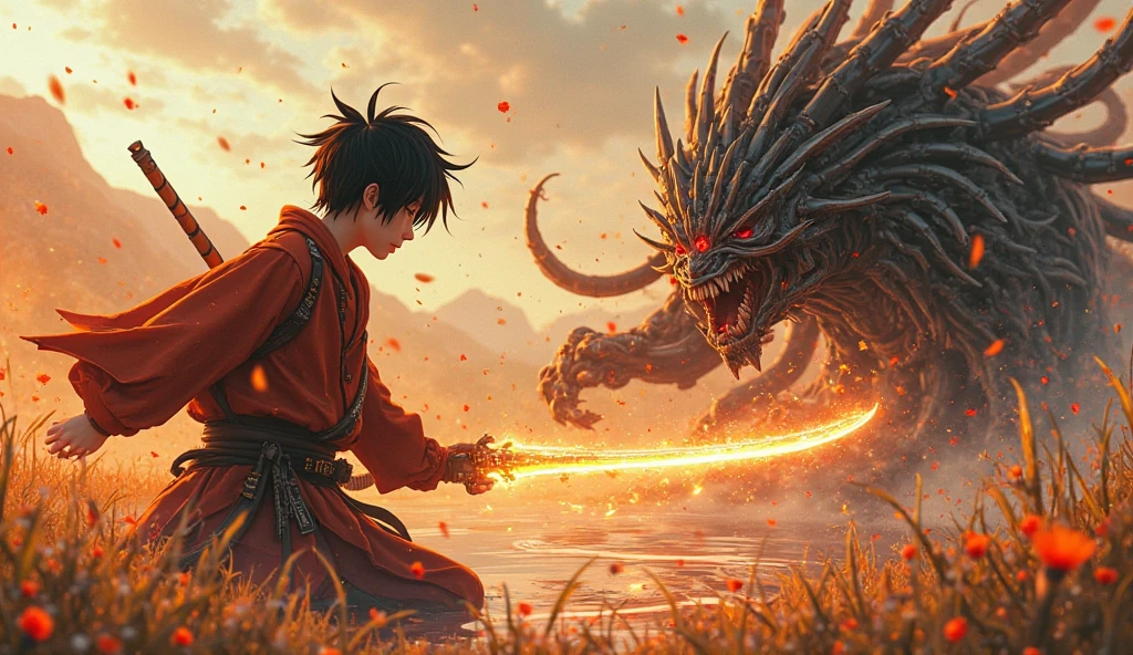 An Asian boy wears an onmyoji outfit, he is fighting with a yokai, he mouth is breathing fire