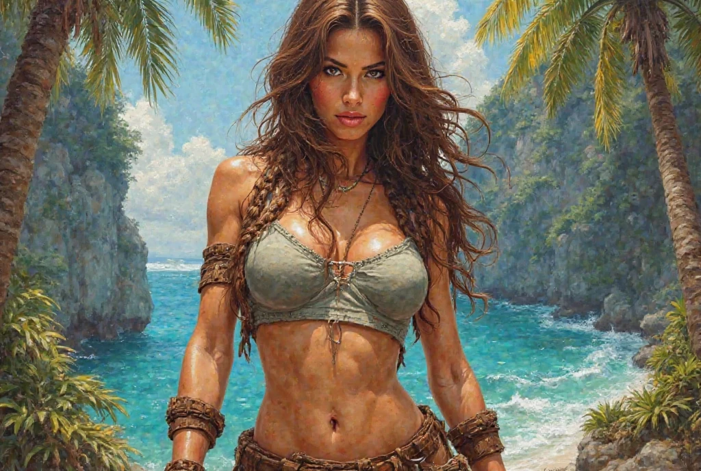 boris vallejo style poster, young barbarian girl full body, perfect athletic figure, long red braided hair, green eyes, red lips, full bust, panther skin bikini, standing on a desert bowl at sunset
