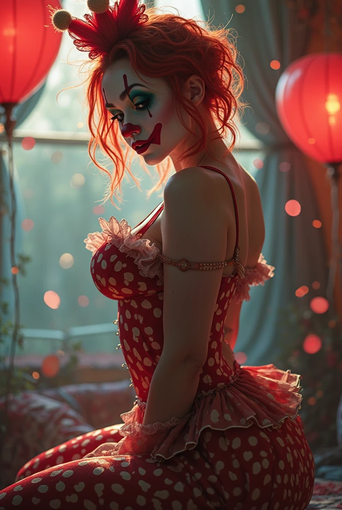 (masterpiece, 8K, UHD, RAW), a sexy girl kissing a evil clown in bed, (((a beautiful young woman riding on top of one huge horrific circus clown with a red nose))), (she rides the male Clown with lustful femininity), her beautiful body is covered by a sheer translucent white tunic with Art Nouveau embroidery, big sexy perky breasts, her pristine delicate features contrasts with the horrendous menacing fangs of the corrupted male clown, full body vibrant illustrations, intricately sculpted, realistic hyper-detailed portraits, queencore, depicts real life, the scene happens in a luxurious Art Nouveau boudoir with studio illumination, red and teal silk satin, Sexy smile,