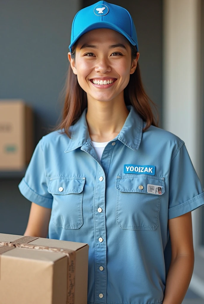 A 30-year-old Chinese female carpenter is making a table out of wood. He is wearing a blue work uniform and a blue hat. The JSP logo is written on hats and clothes. A smiling expression. The furniture material used to make the table should be natural light brown wood, thumbs up. Solid pine wood, indoor background, captured with a digital SLR camera