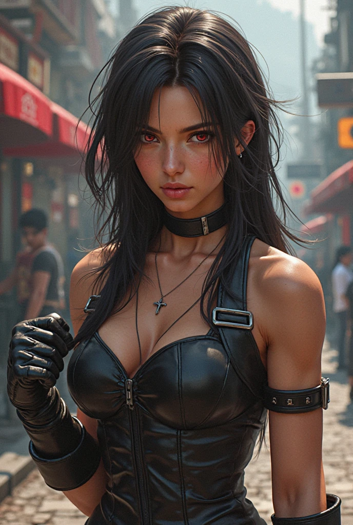 beautiful girl, goth, braided black hair, bloody eyes, military ballistic vest, cropped top, navel, leather pants, graffiti, leather gloves, spike bracers