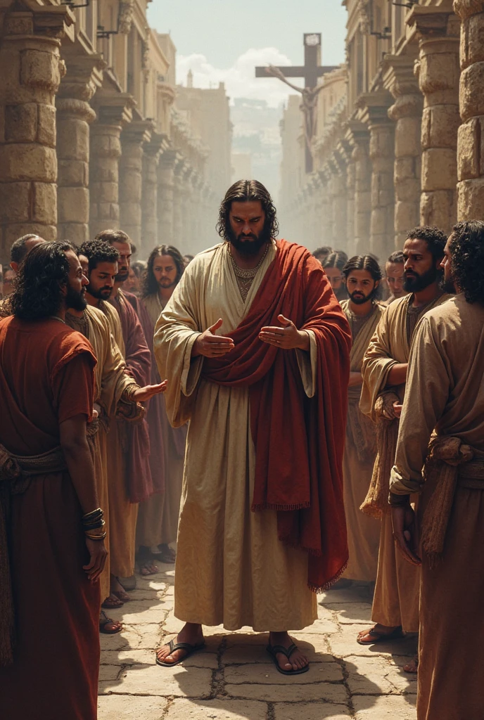 People are throwing stones and Jesus but a stone was hurt by a man