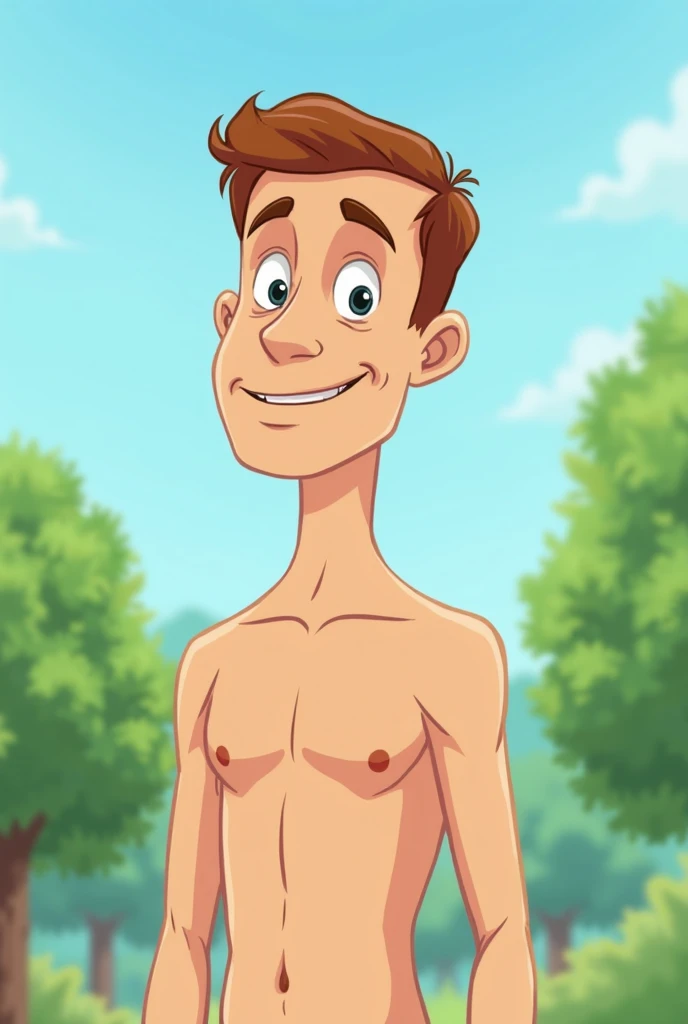 A naked man with blonde hair at a field