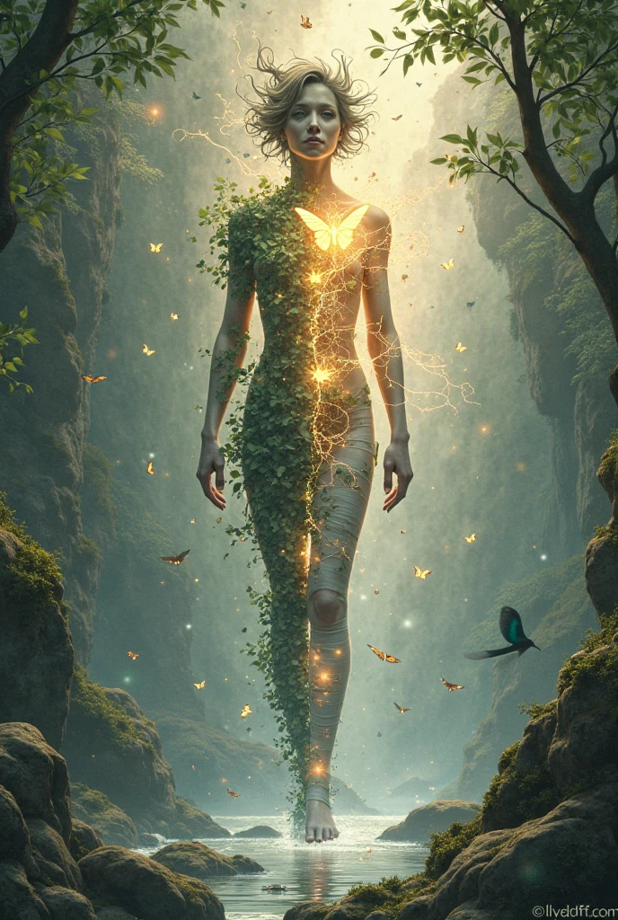 Create compelling, visually appealing images that represent the convergence of traditional medicine, Complementary medicine, and、Spiritual healing in the context of 'New Biology'、andヘッドフォンを通してソルフェジオの音を聴くことによる癒し.« The image must convey harmony, balance, and物理的な相互接続性, Energetic, The mental side of health. Use color, symbol, Visual elements that evoke a sense of unity and overall well-being. This image is、It should spark curiosity and interest in integrating these diverse perspectives to improve health and healing.。